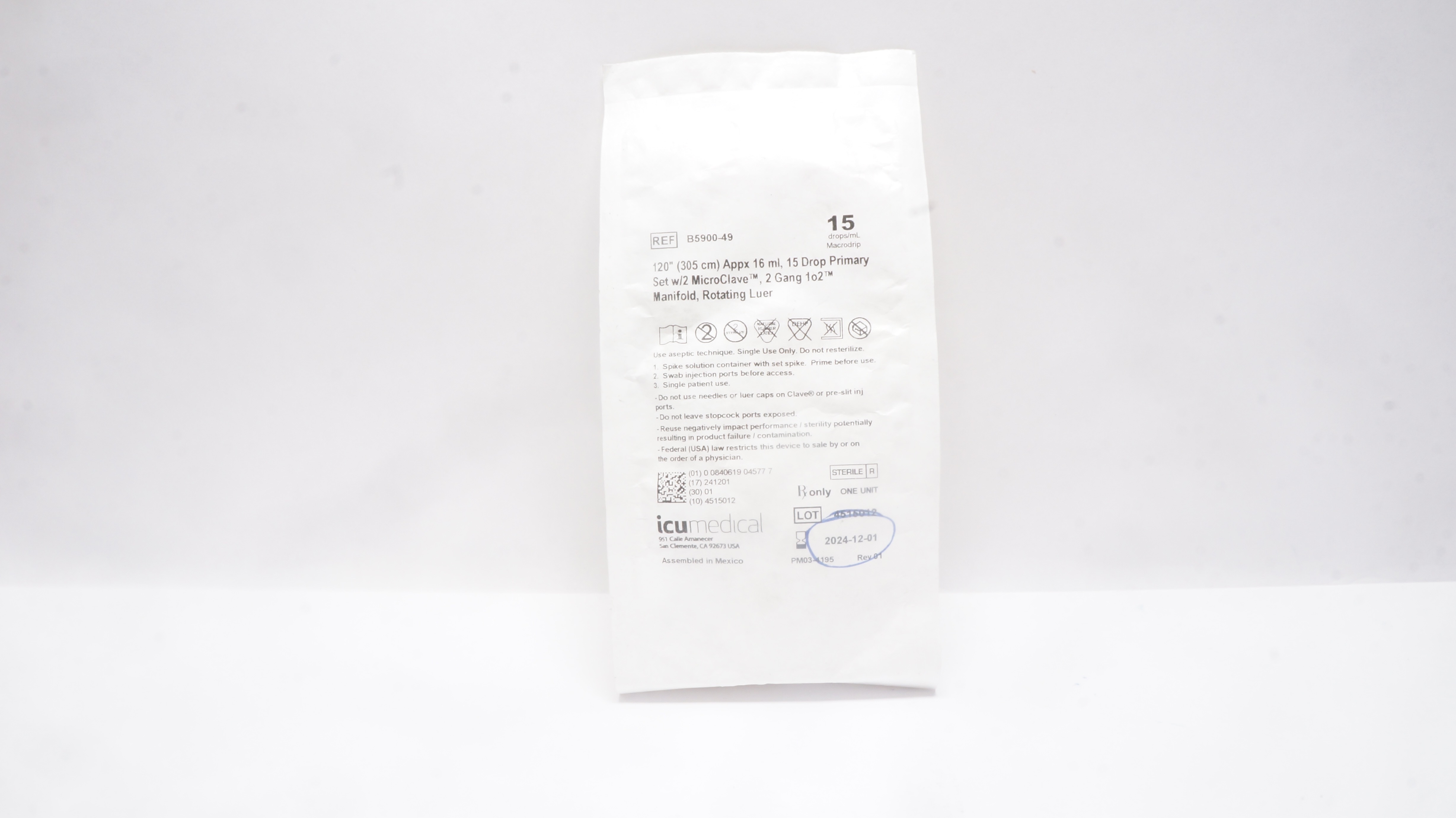 ICU Medical B5900-49 Primary Set 120inch Approx 16 ml, 15 drops/mL Primary Set