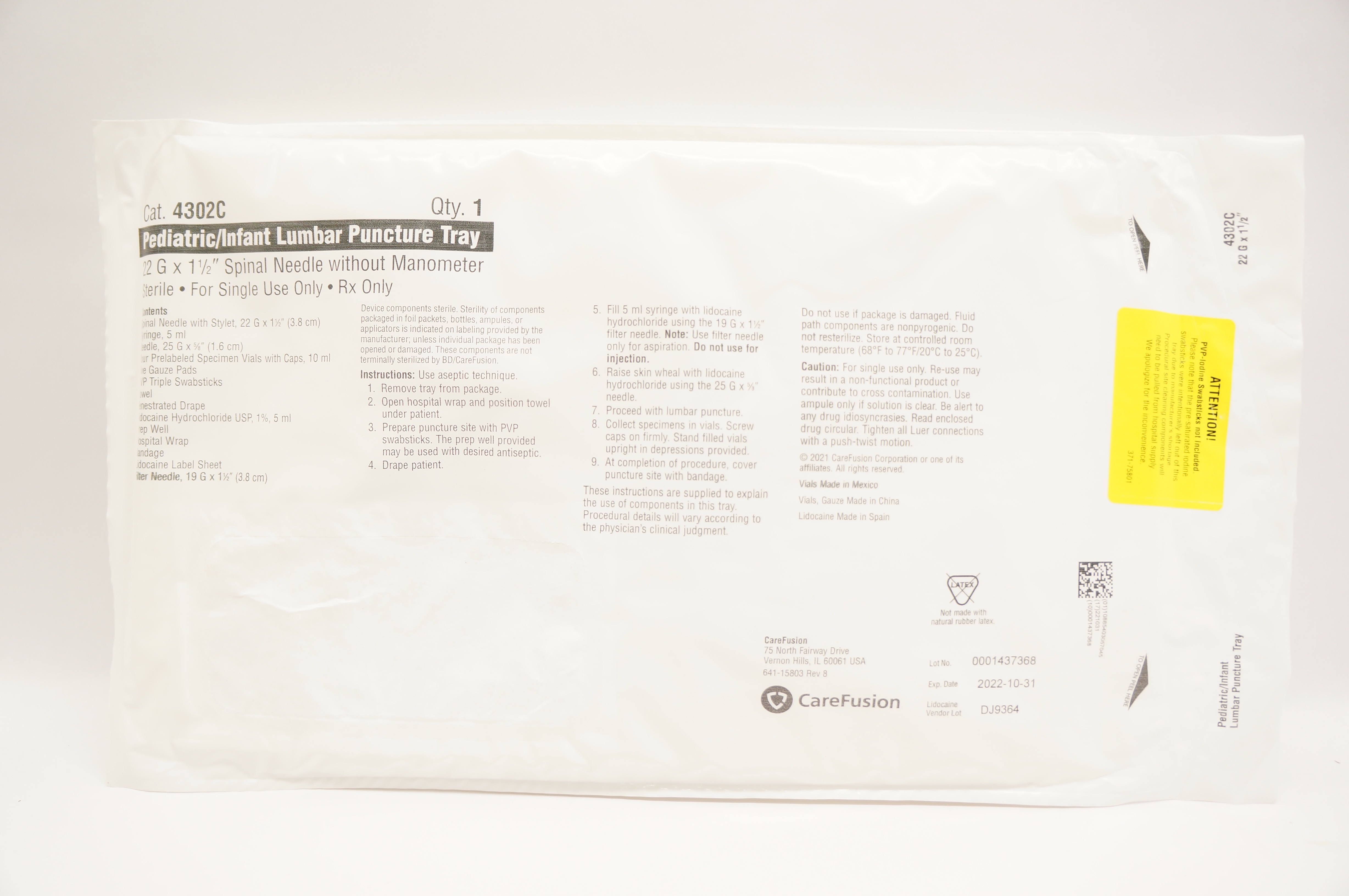 CareFusion 4302CSP Safe-T Plus Pediatric Lumbar Puncture Tray 22Ga x 1 1/2 (x)