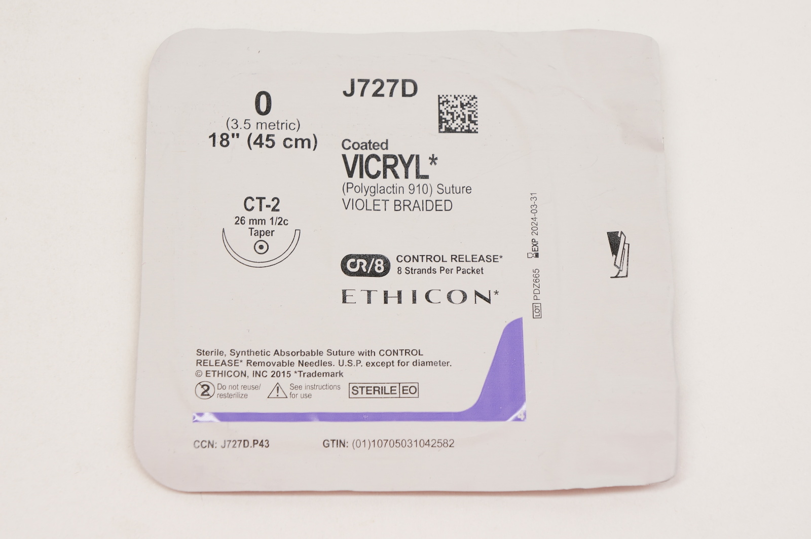 Ethicon J727D 0 VICRYL, CT-2, 26mm 1/2c Taper, 18inch