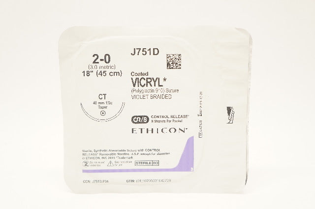 Ethicon J751D 2-0 Coated Vicryl Violet Suture 8X18" CT 40mm Taper