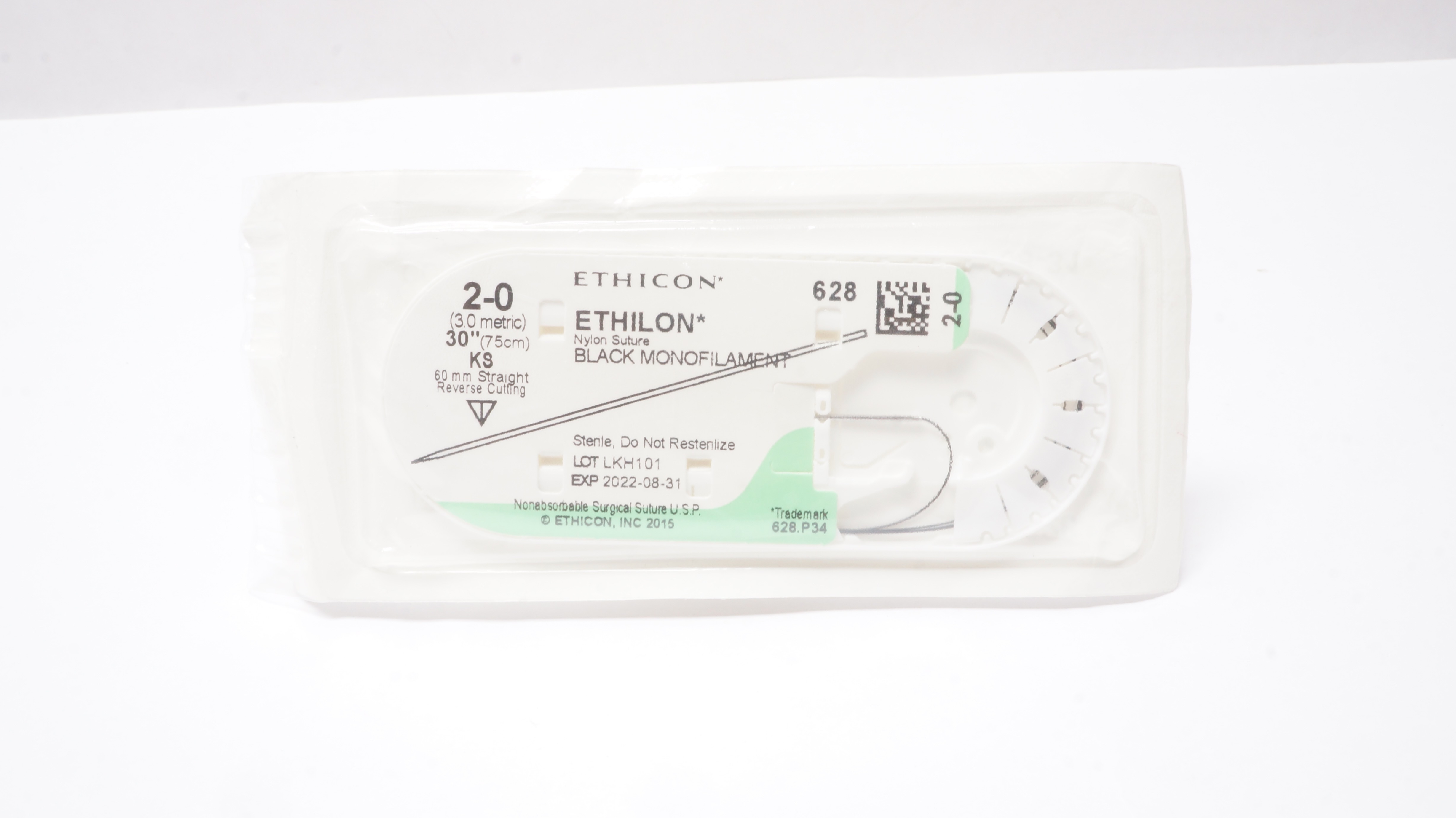 Ethicon 628 2-0 Ethilon Stre KS 60 mm Straight Reverse Cutting, 30 inch (x)