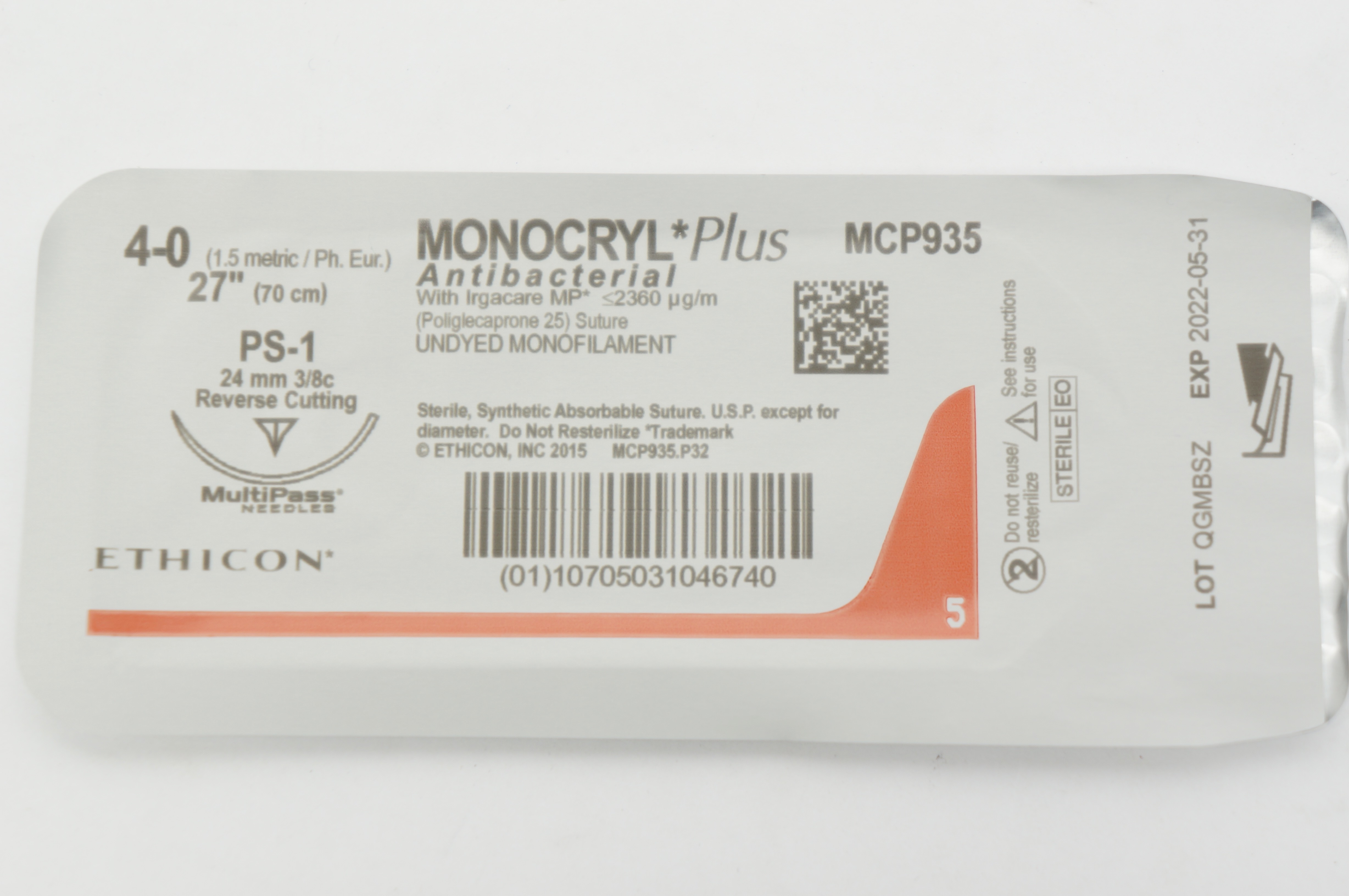 Ethicon MCP935 4-0 MONOCRYL Plus Stre PS-1 24mm 3/8c Reverse Cutting, 27inch (x)