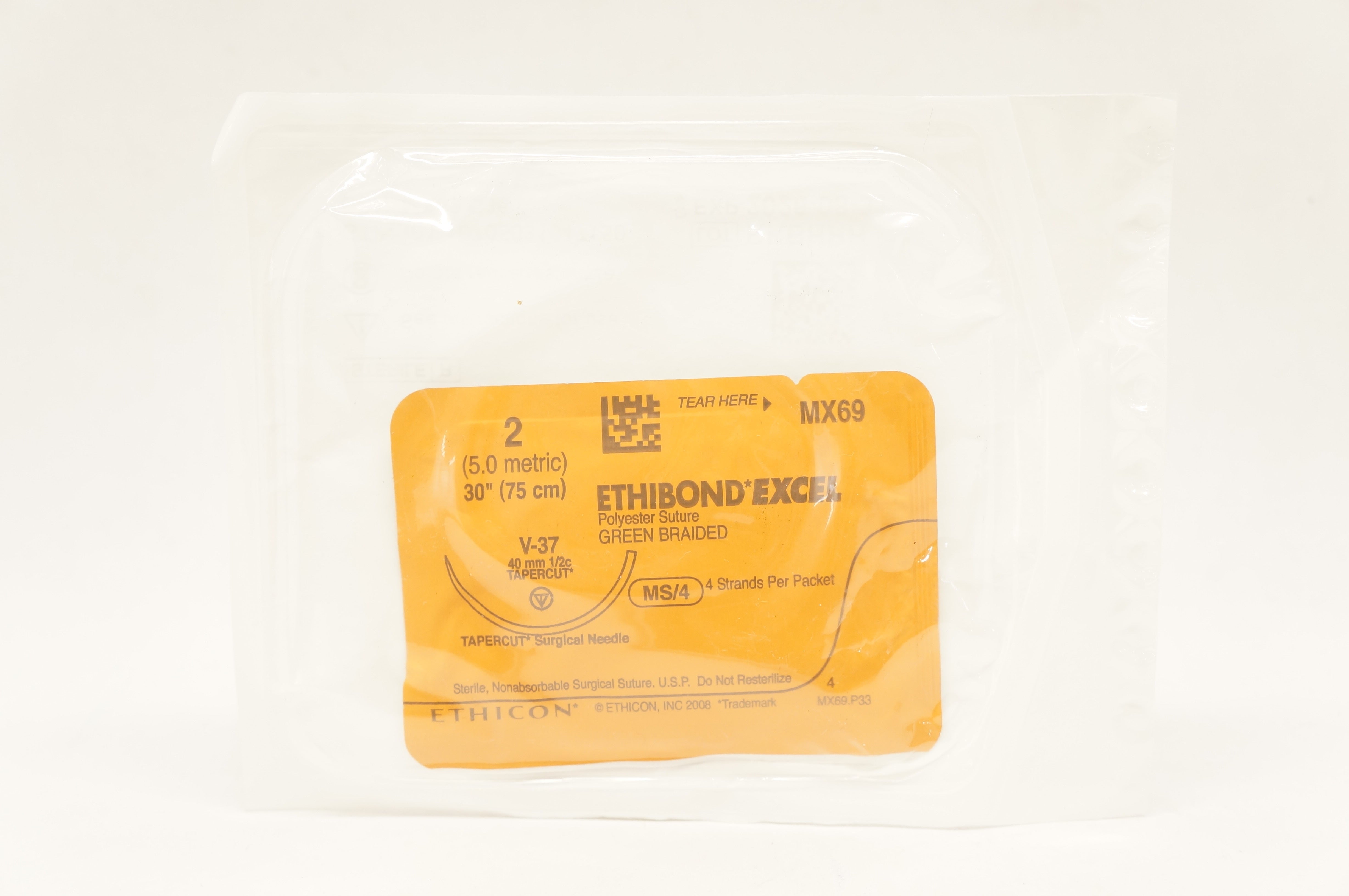 Ethicon MX69 2 Ethibond Excel Polyester Stre V-37 40mm 1/2c Tapercut, 30inch