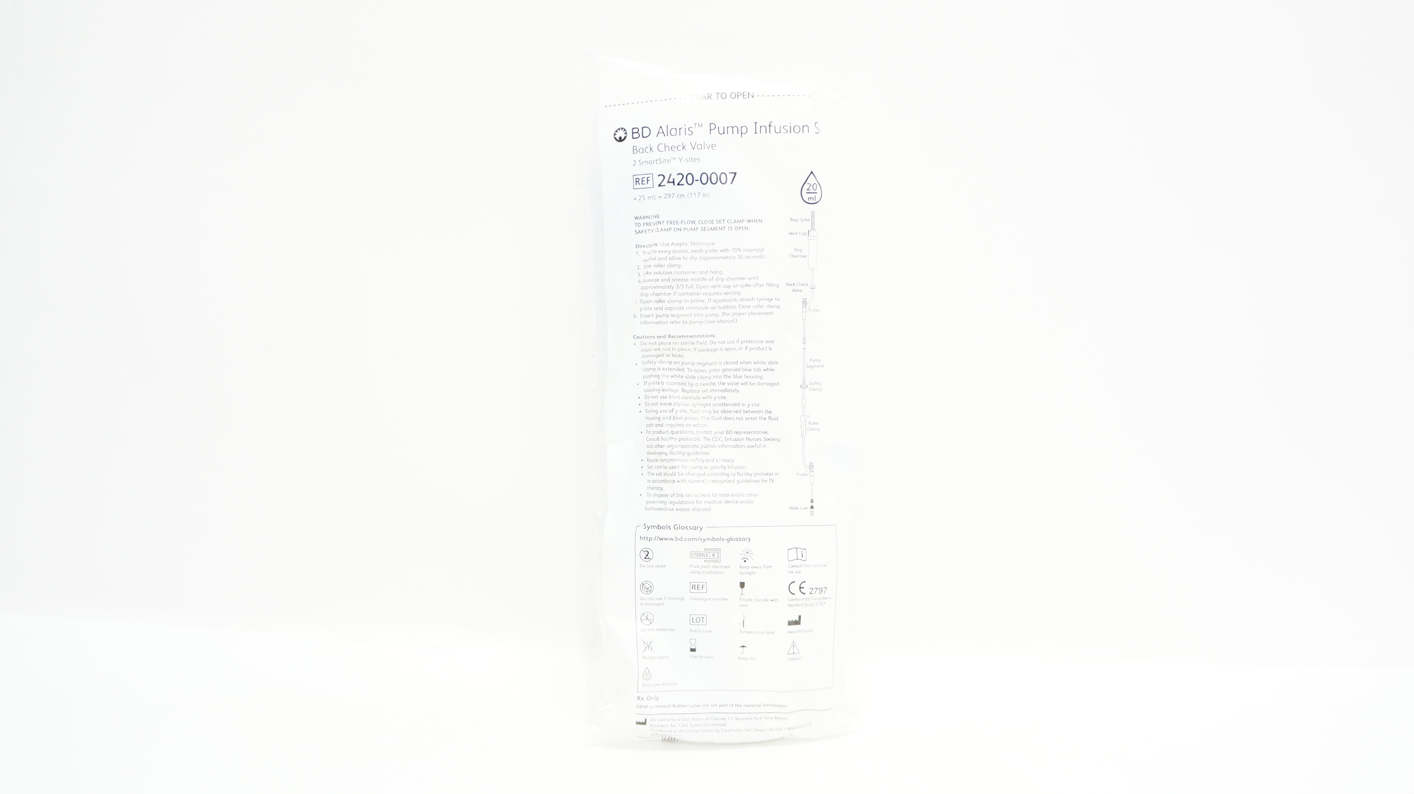 BD 2420-0007 Alaris Pump Infusion Set Back Check Valve 117inch x 25ml 20Drops/mL