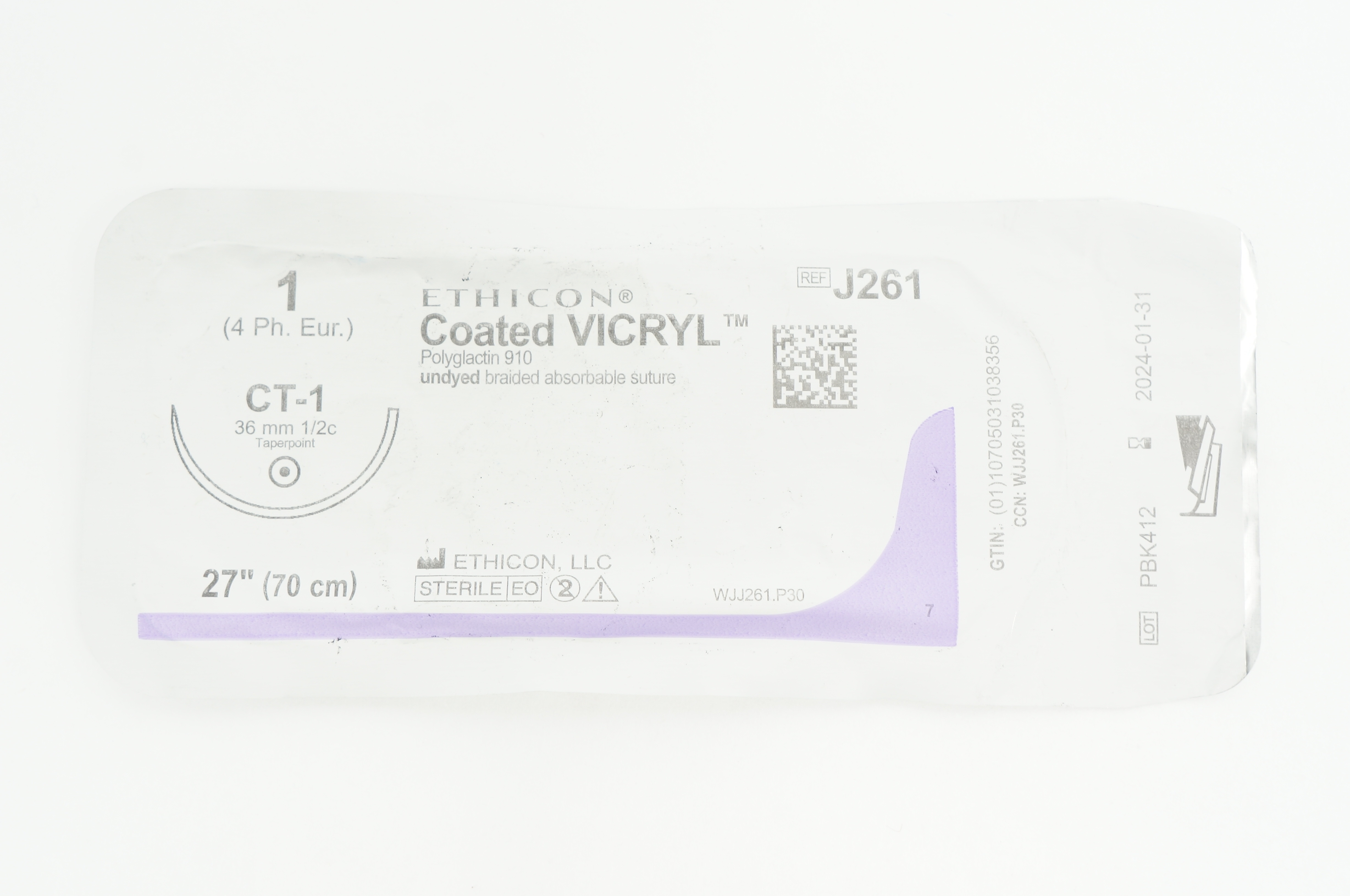Ethicon J261 1 VICRYL CT-1, 36mm 1/2c Taperpoint, 27inch