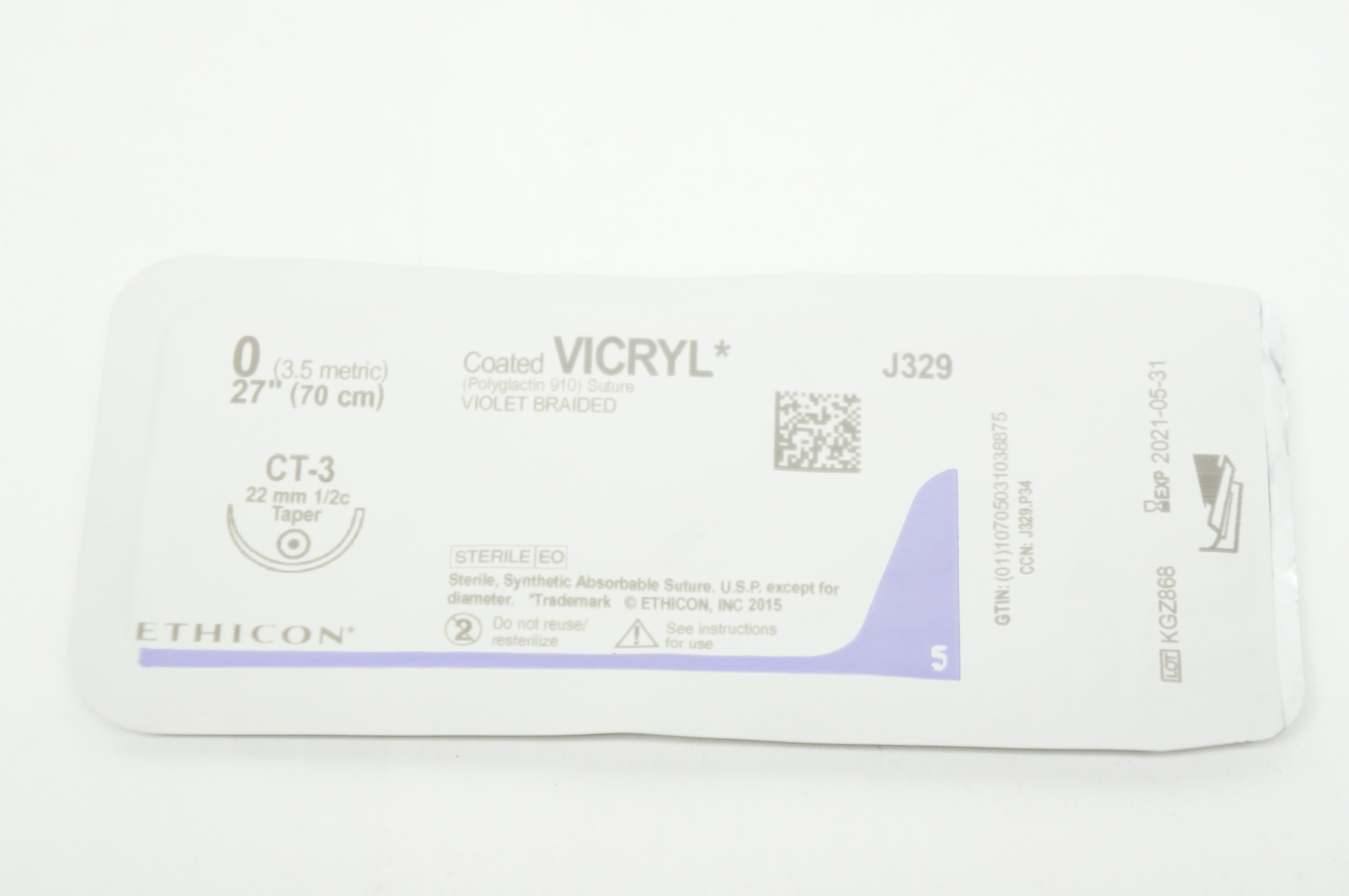 Ethicon J329 0 Coated VICRYL Stre Violet Braided CT-3 22mm 1/2c Taper, 27inch(x)