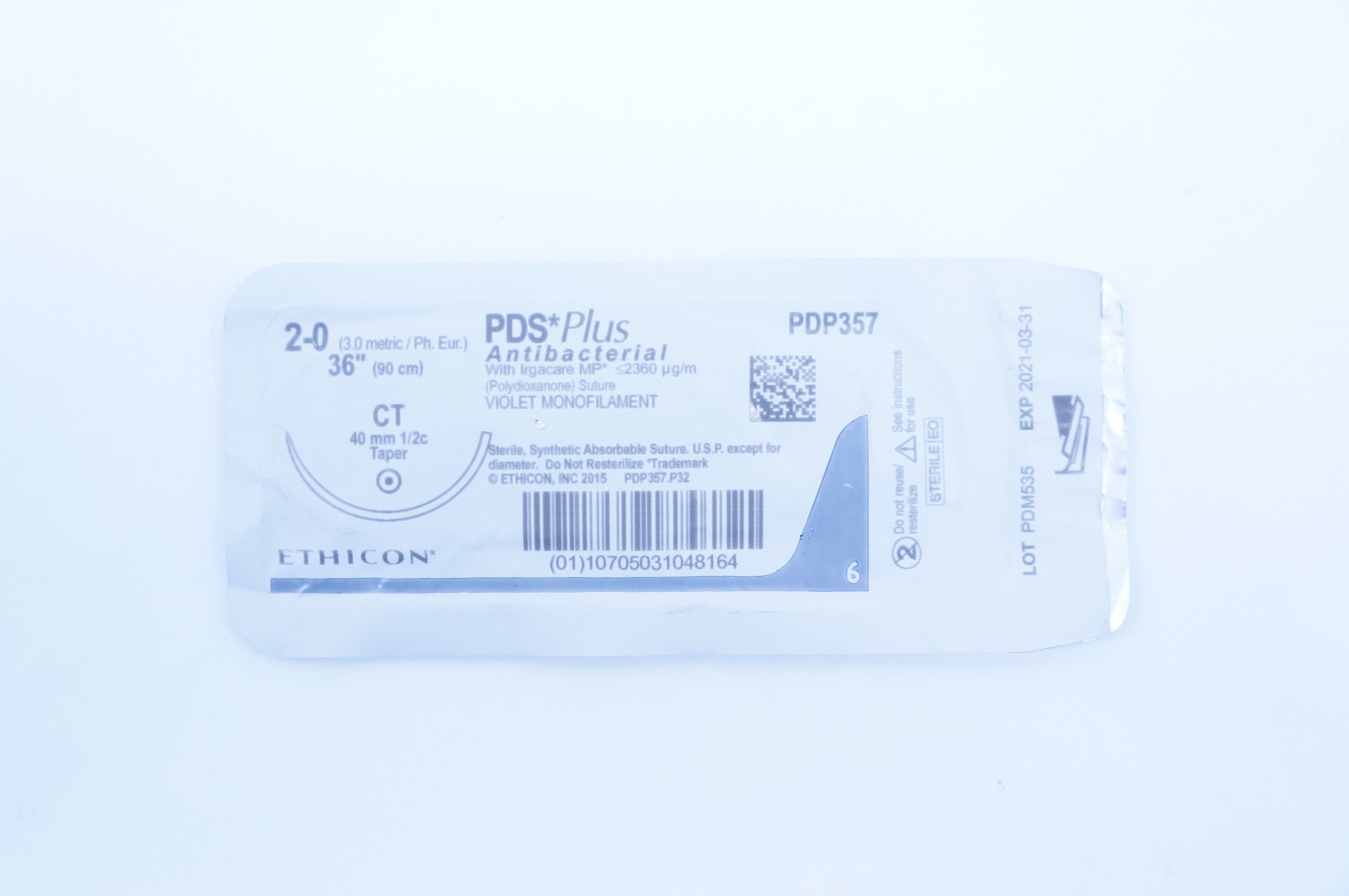 Ethicon PDP357 2-0 PDS Plus, CT, 40mm 1/2c Taper, 36inch (x)