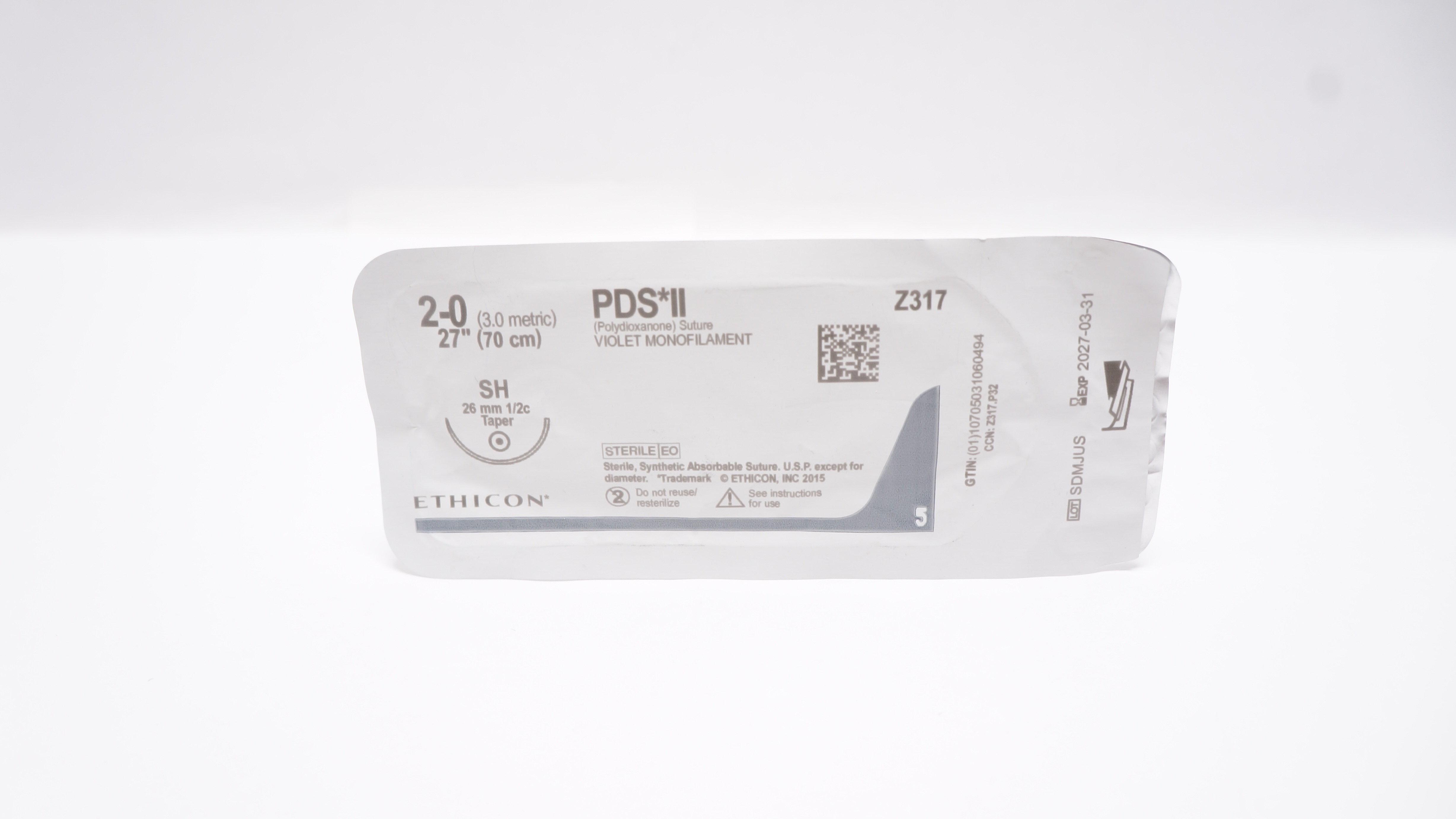 Ethicon Z317 2-0 PDS II Polydioxanone Sterile Stre SH 26mm 1/2c Taper, 27inch