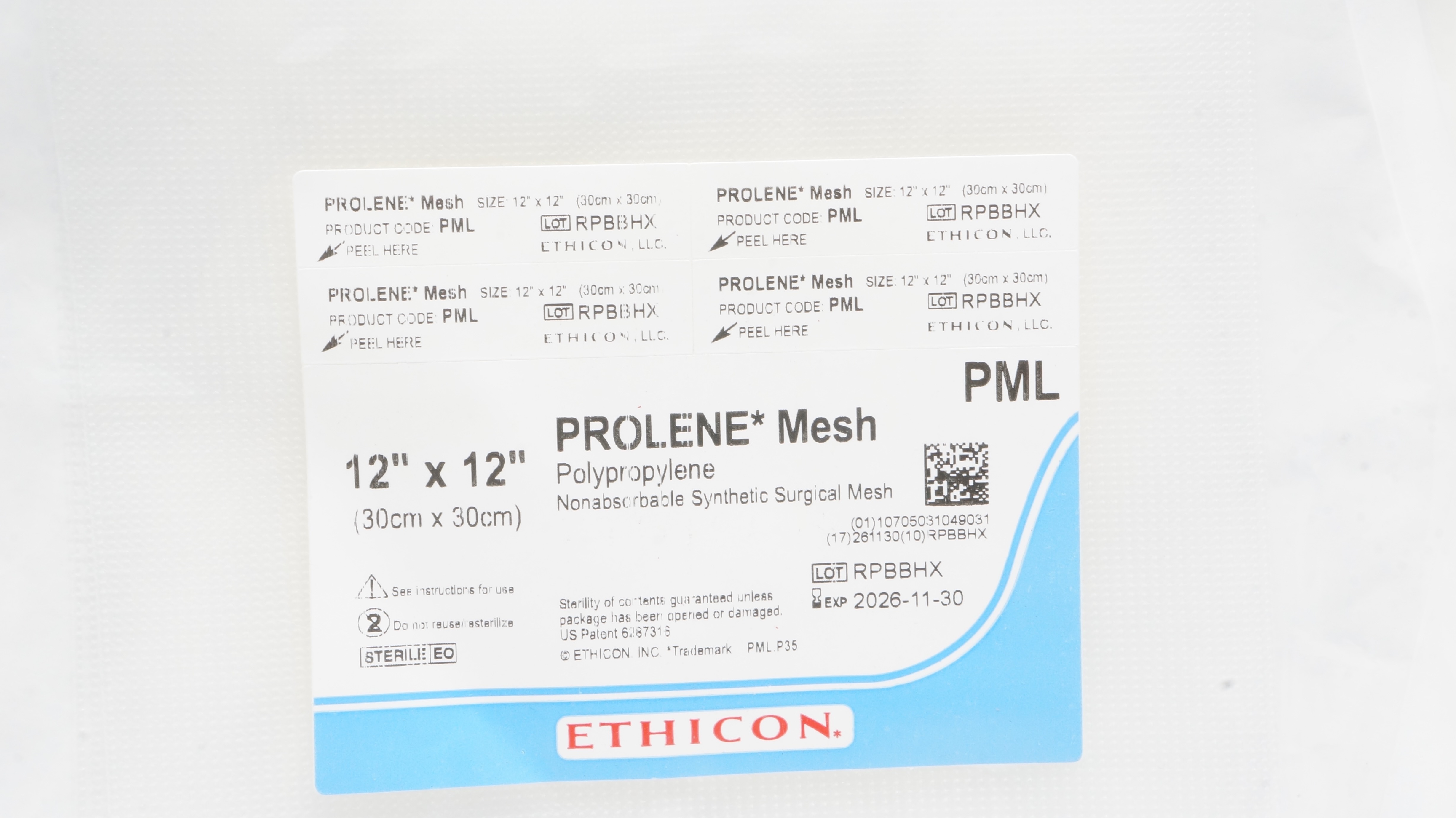 Ethicon PML Prolene Polypropylene Synthetic Surgical Mesh 12inch x 12inch
