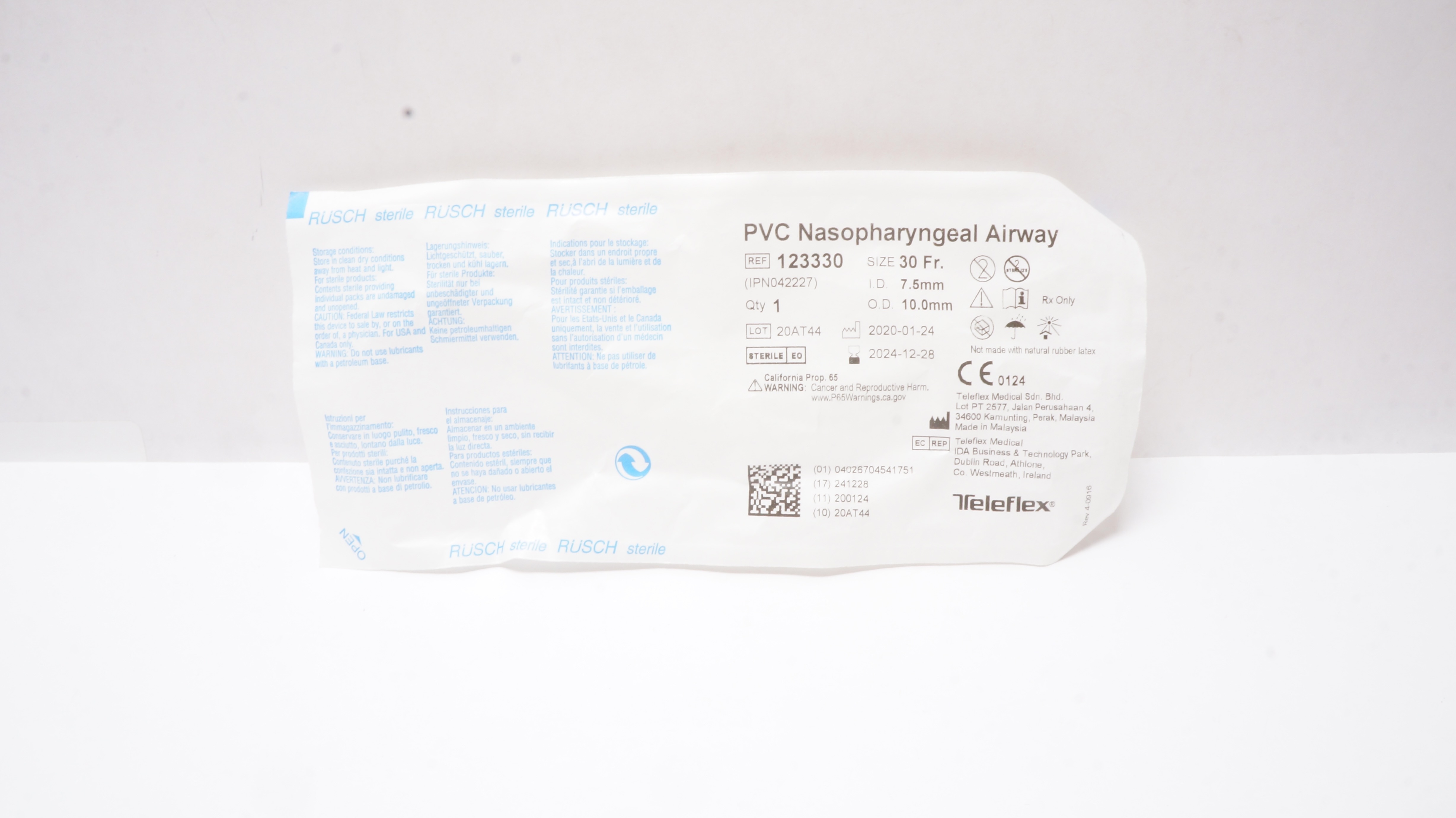 Teleflex 123330 Rusch PVC Nasopharyngeal Airway 30 Fr x 7.5 I.D. x 10.0 O.D. mm