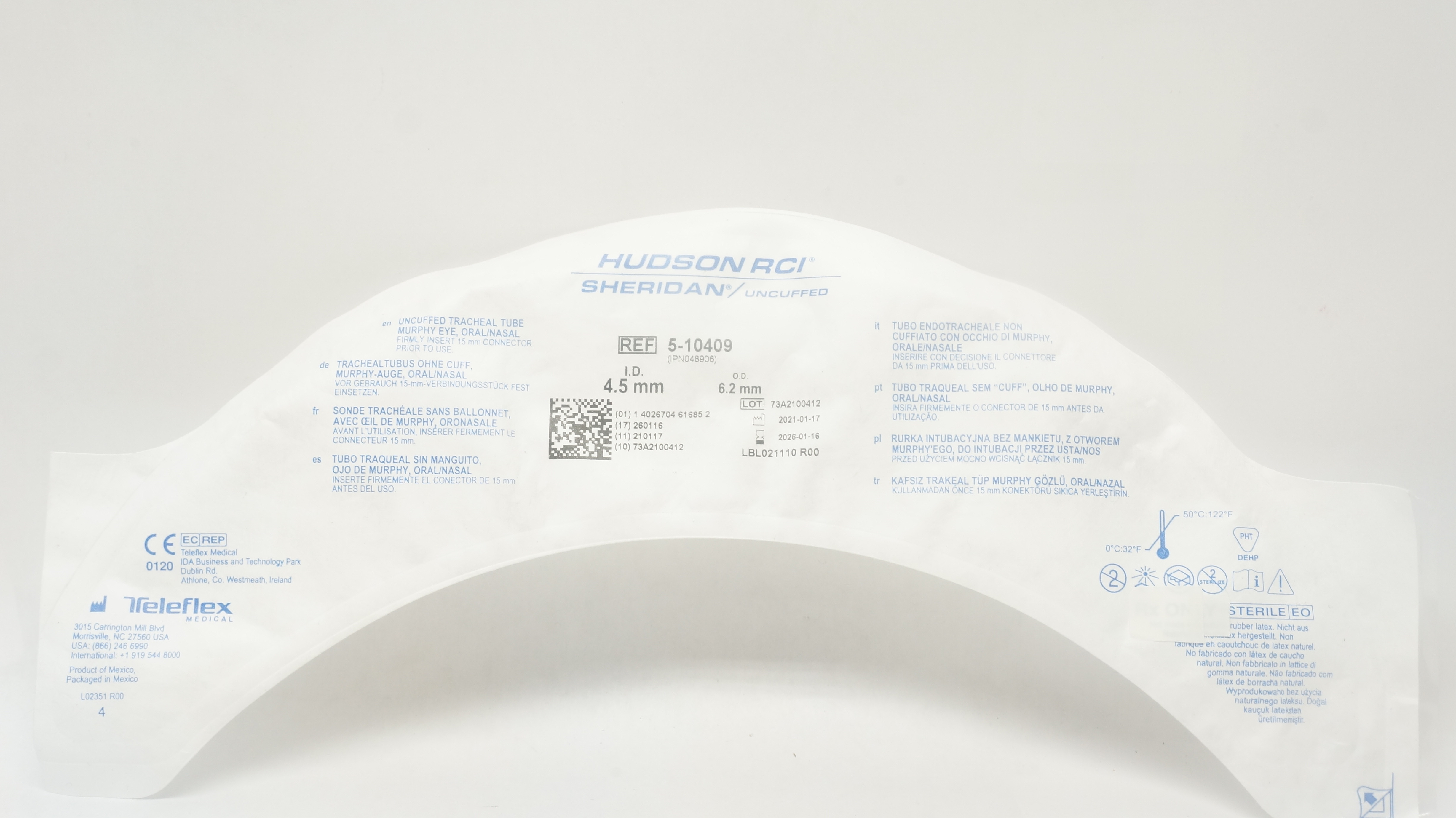 Teleflex 5-10409 Hudson RCI Sheridan Uncuffed Tracheal Tube 4.5mm ID x 6.2mm OD