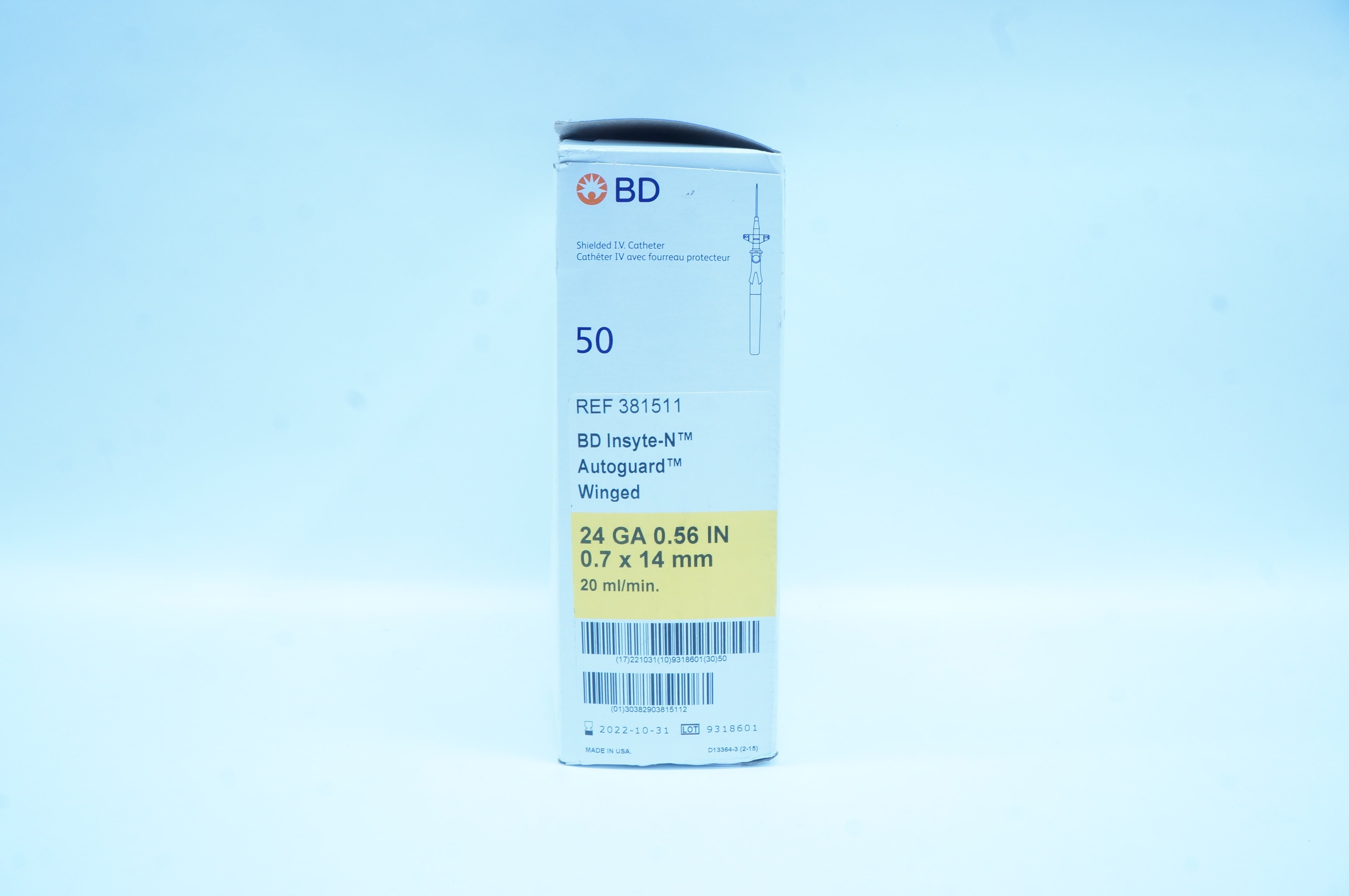 BD 381511 BD Insyte Autoguard Shielded I.V. Cath. 24Ga x 0.56inch - Box of 50