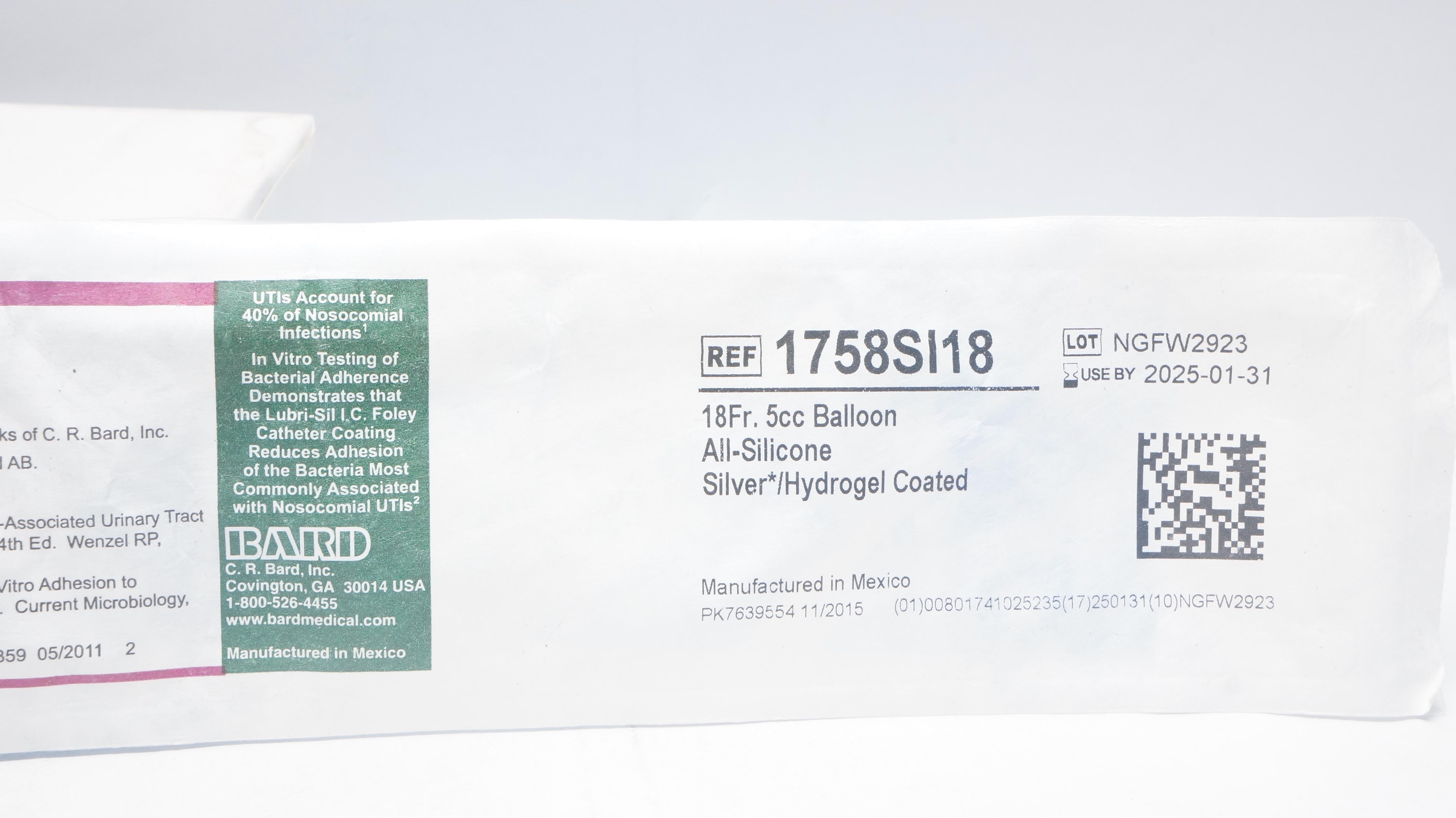 Bard 1758SI18 Lubri-Sil I.C. Anti-Microbial Foley Cath. 18Fr 5cc Balloon (x)