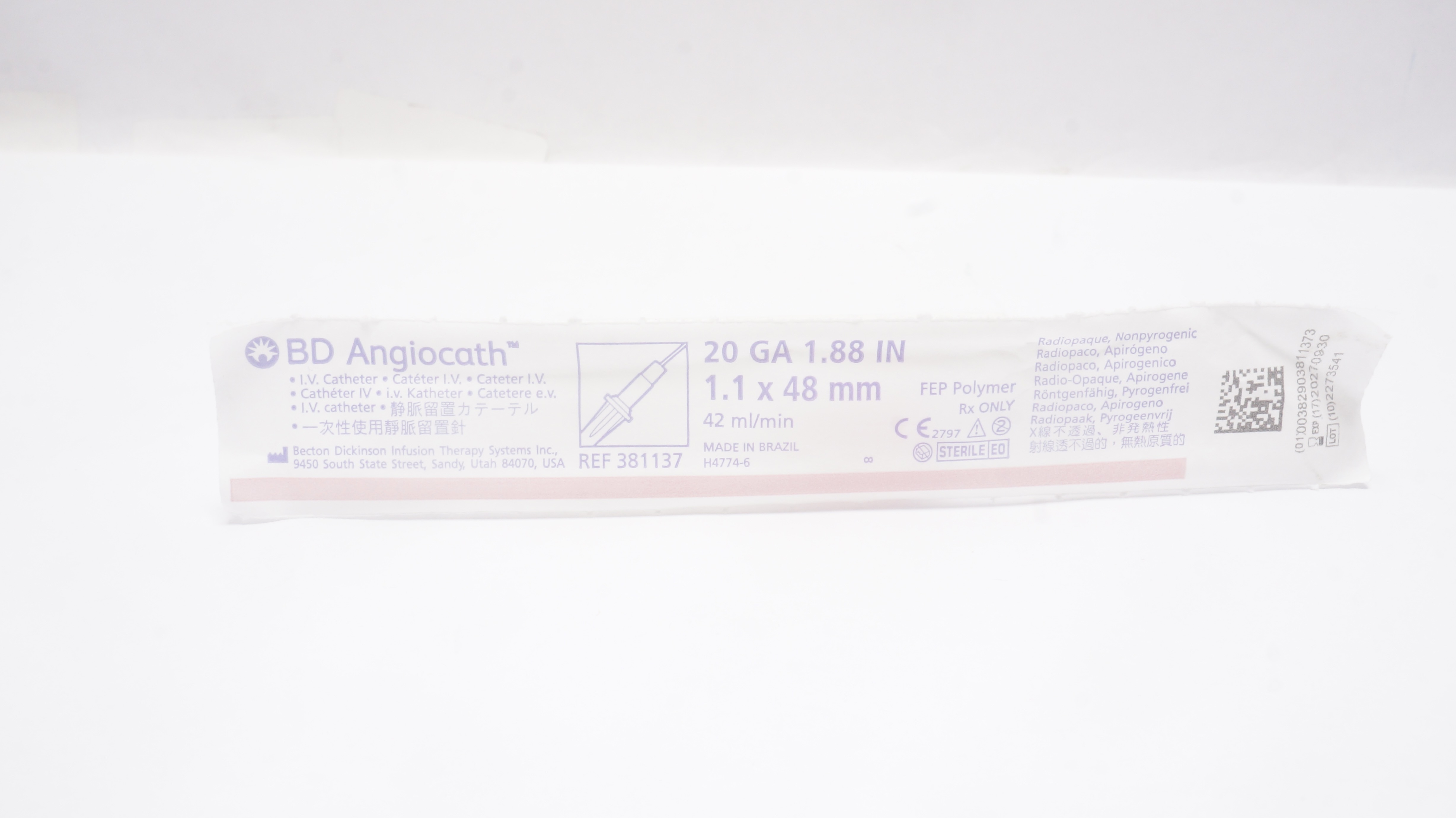 BD 381137 Angiocath I.V. Cath. 20GA x 1.88inch, 42 mL/min