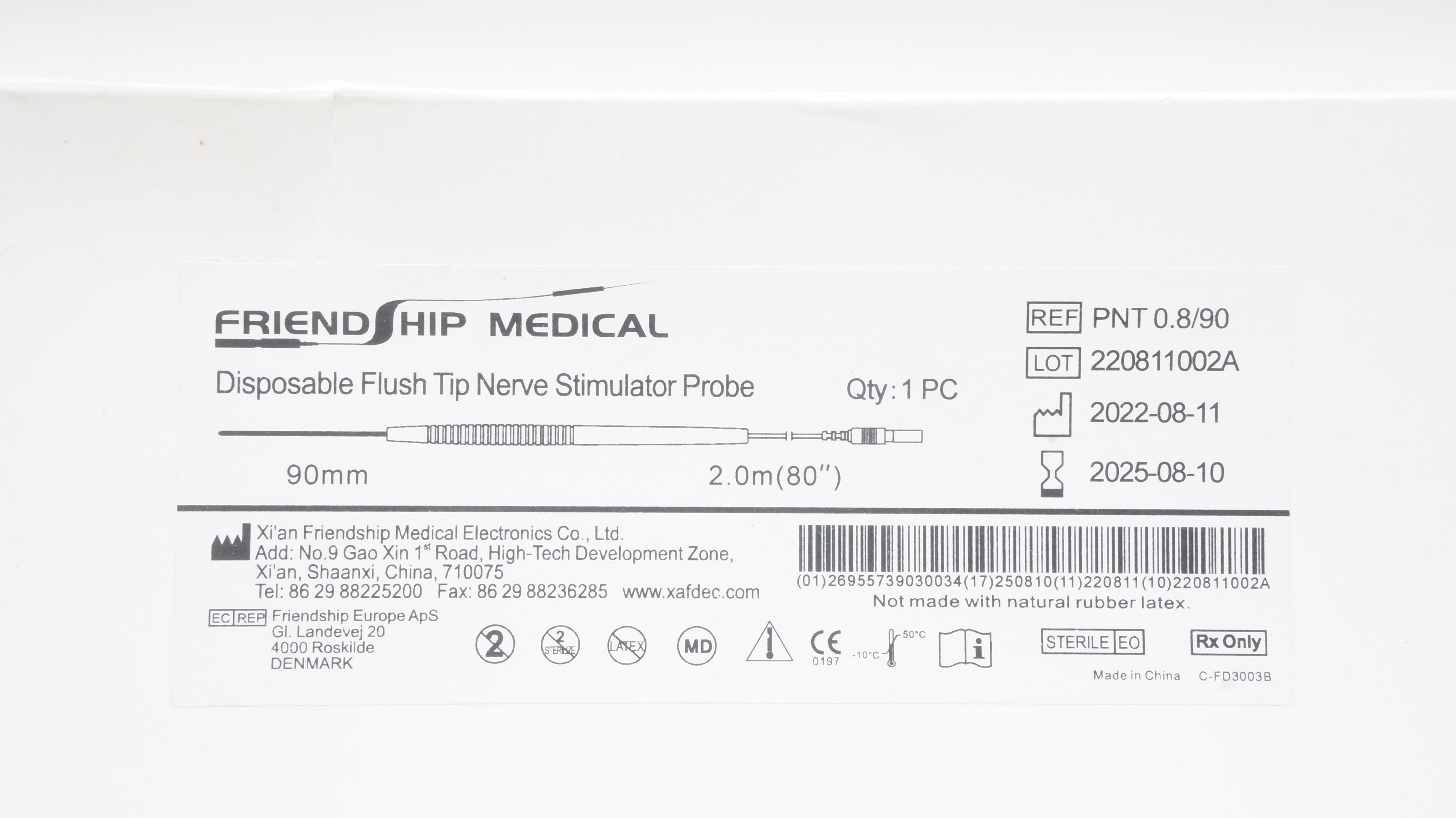 Friendship Medical PNT0.8/90 Flush Tip Nerve Stimulator Probe 90mm x 80inch