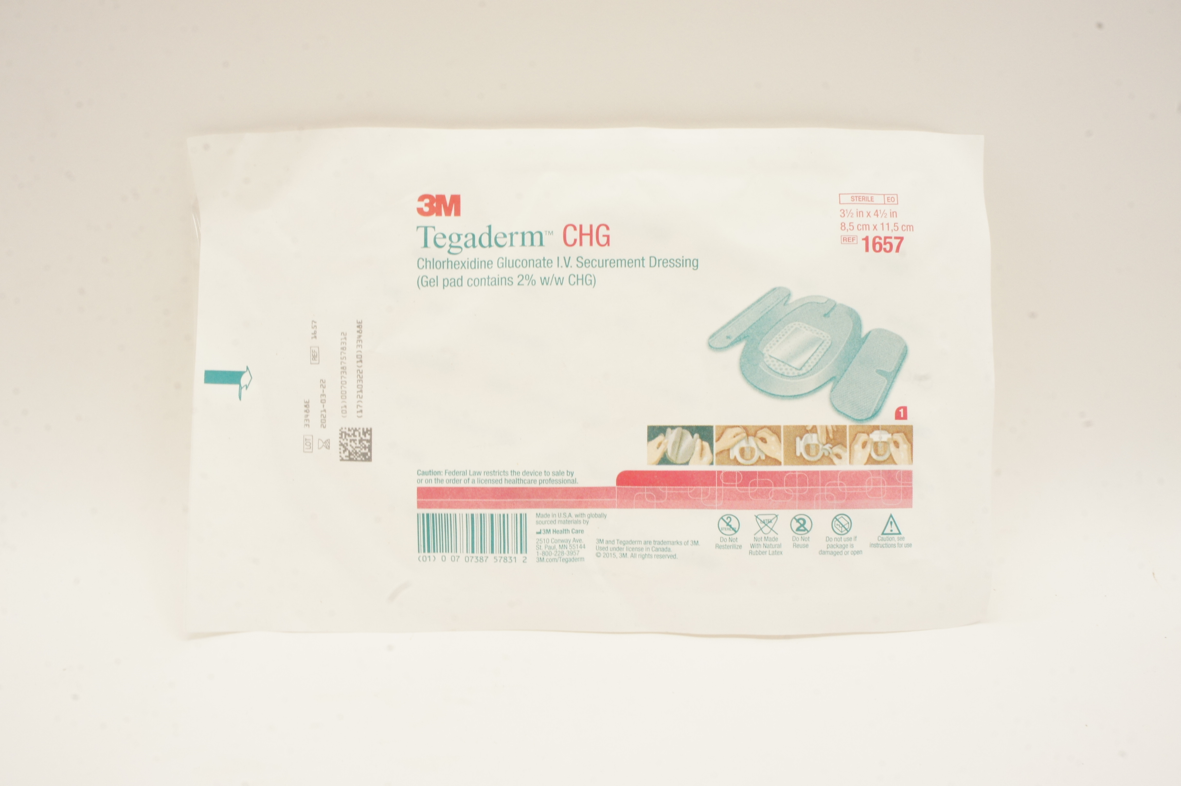 3M 1657 Tegaderm CHG I.V. Securement Dressing 3-1/2 x 4-1/2inch (x)