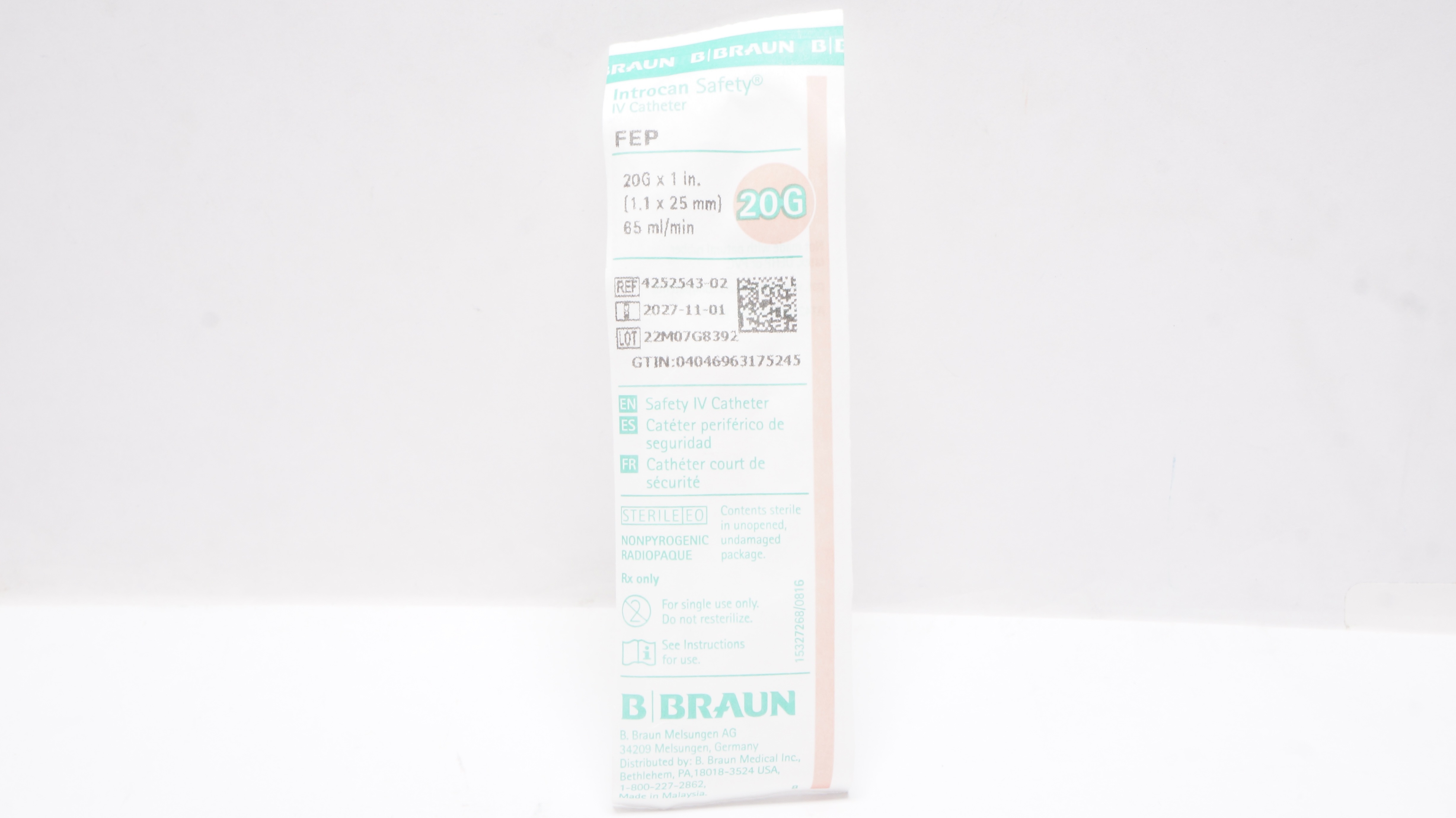 Braun 4252543-02 Introcan Safety IV Cath. 20G x1inch 65mL/min