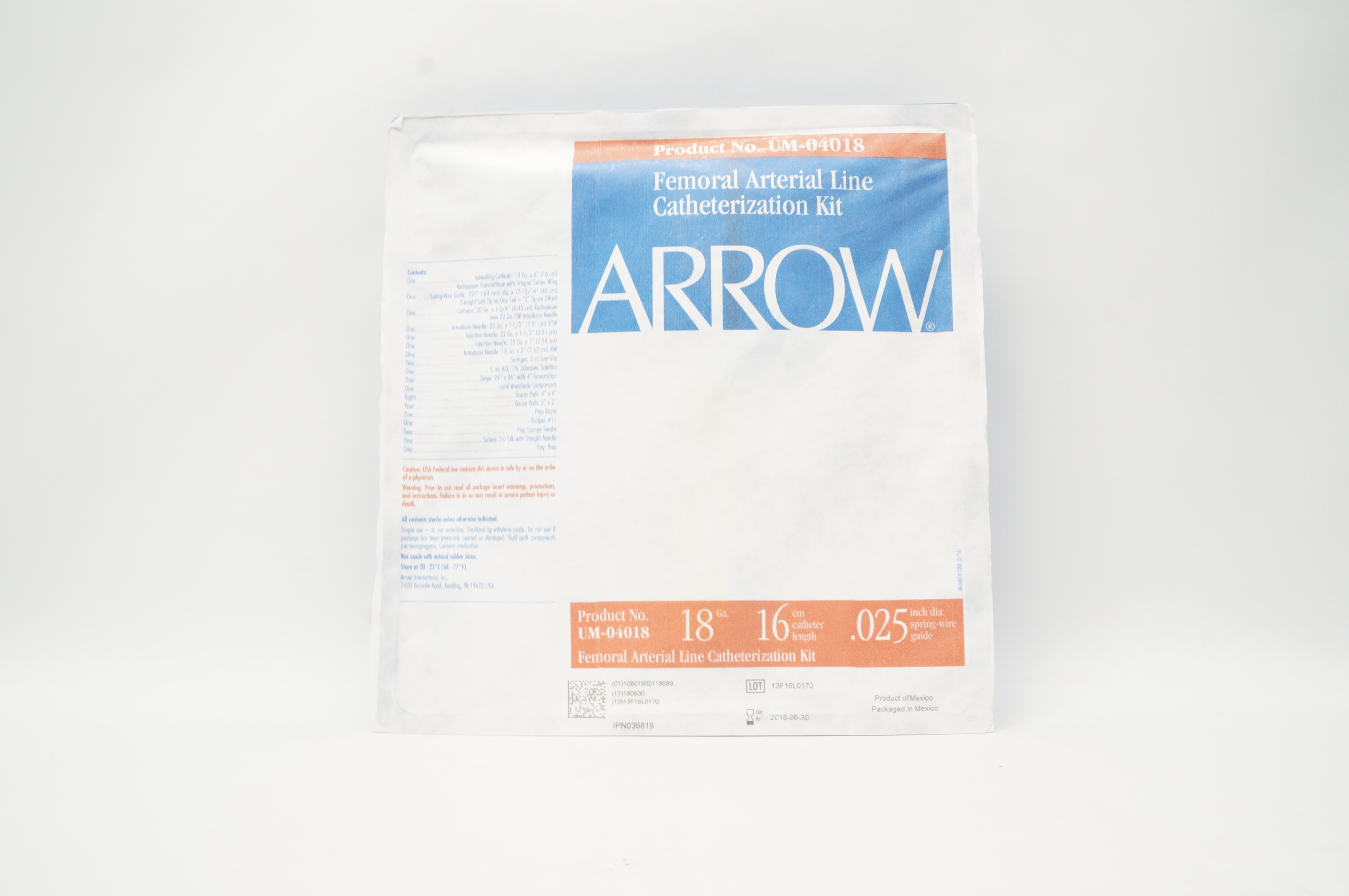 Arrow UM-04018 Femoral Arterial Line Cath. Kit  18Ga x 16 cm x 0.025 inch (x)