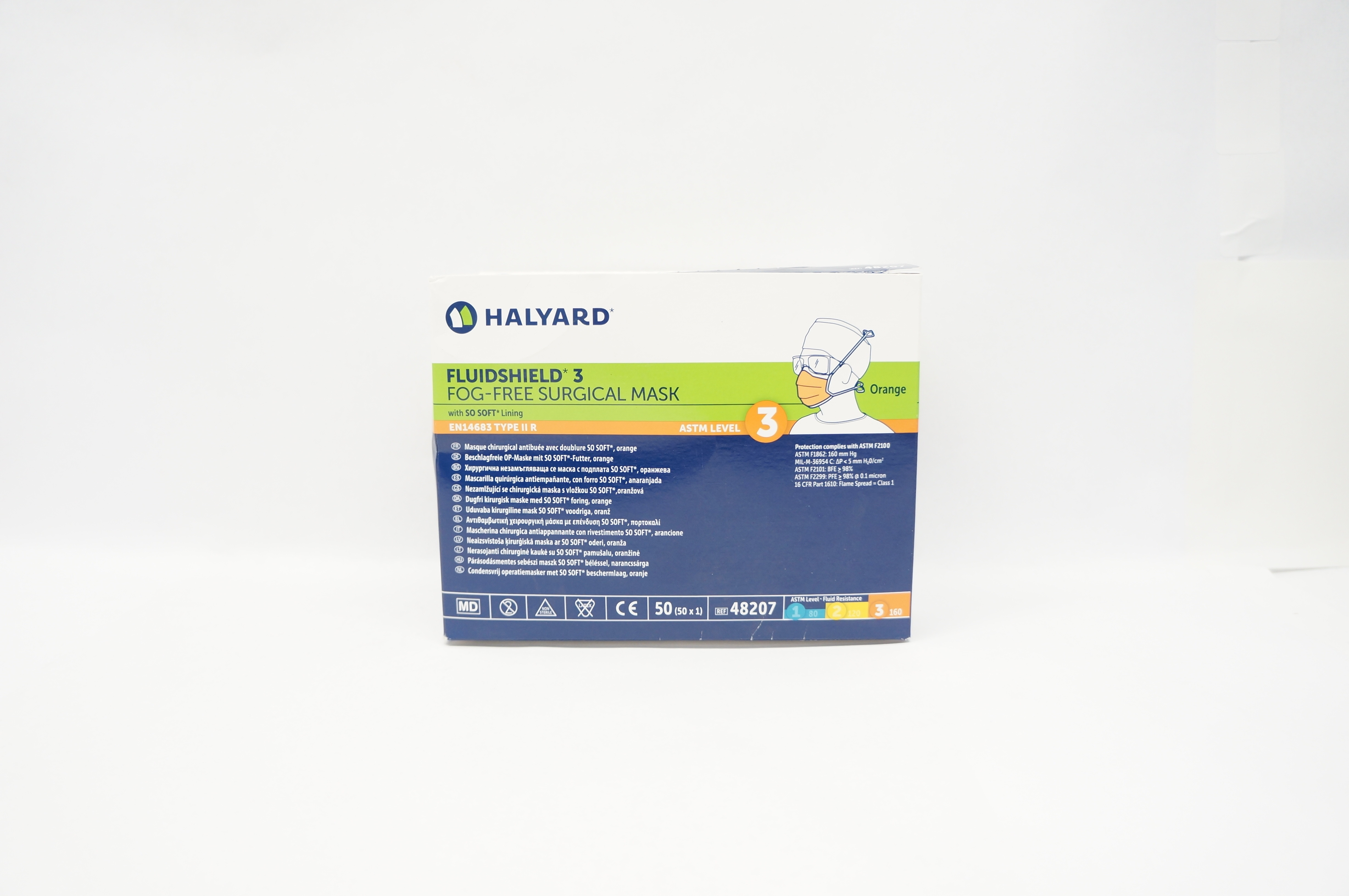 Halyard 48207 Fluishield 3 Fog-Free Surgical Mask, Orange - Box of 50
