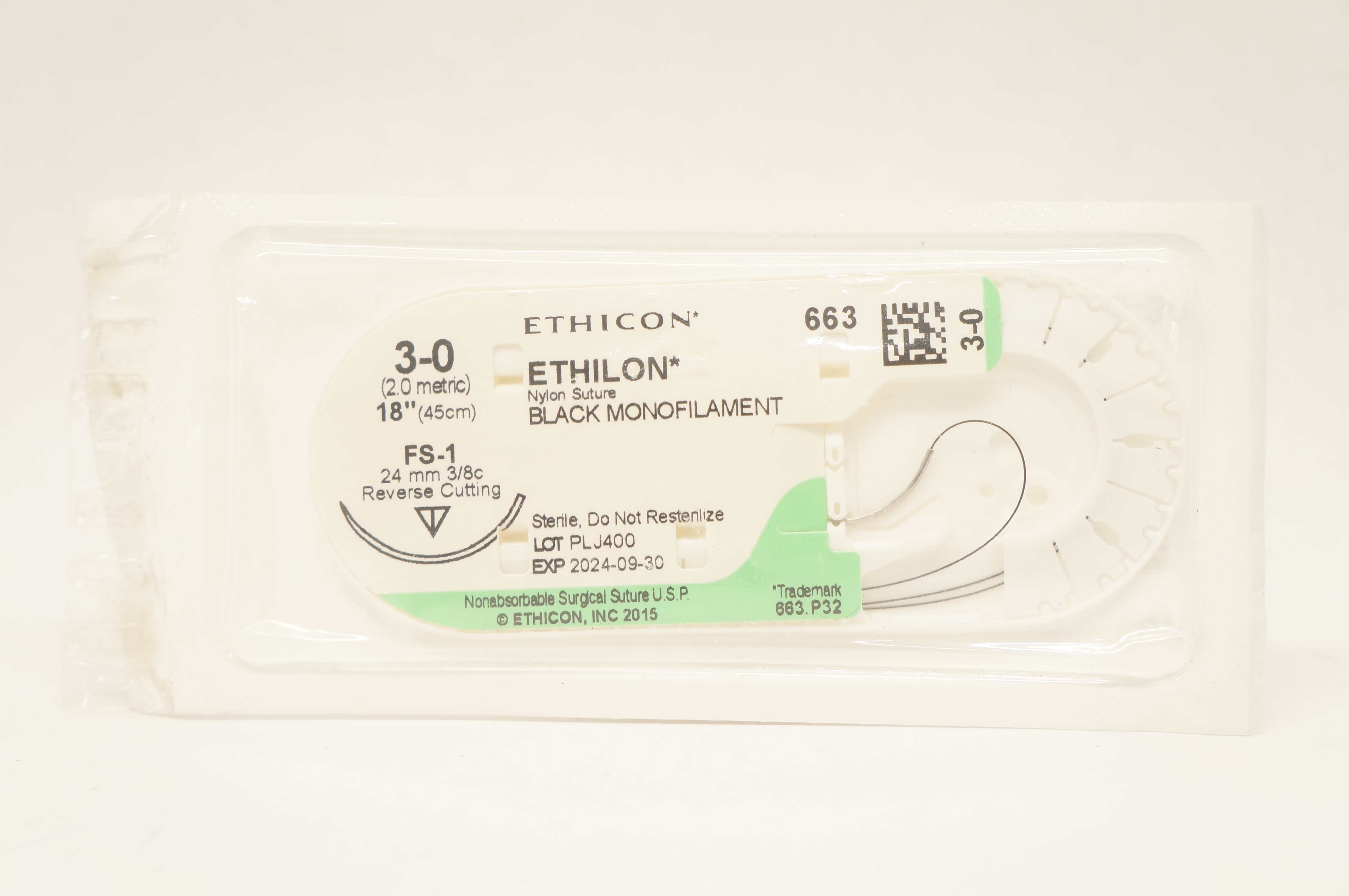 Ethicon 663 3-0 Ethilon Nylon Stre FS-1 24mm 3/8c Reverse Cutting, 18 inch