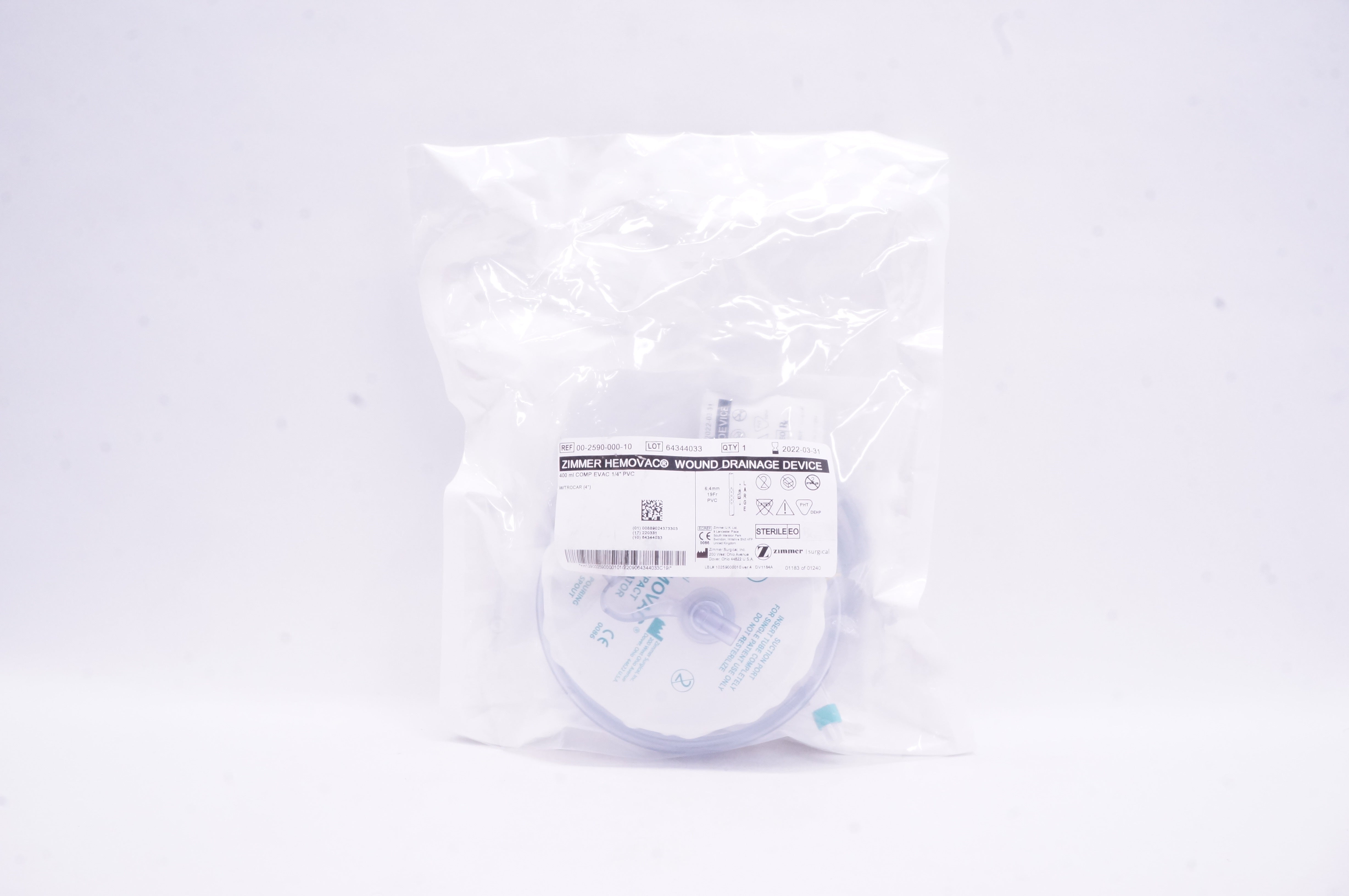 Zimmer 00-2590-000-10 Hemovac Wound Drainage Device 400ml x 1/4inch x 4inch (x)