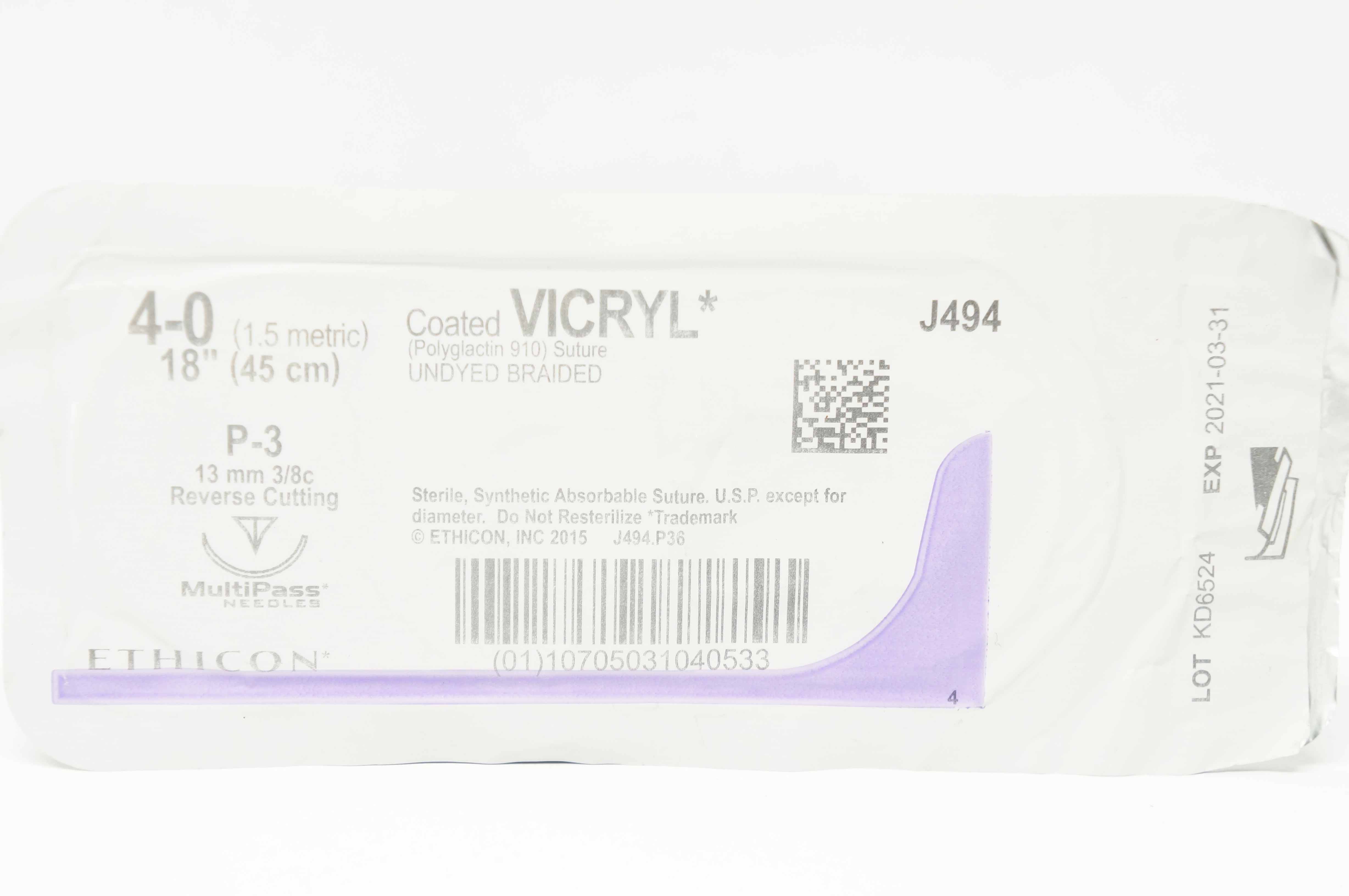 Ethicon J494 4-0 Coated VICRYL Stre P-3 13mm 3/8c Reverse Cutting 18inch (x)