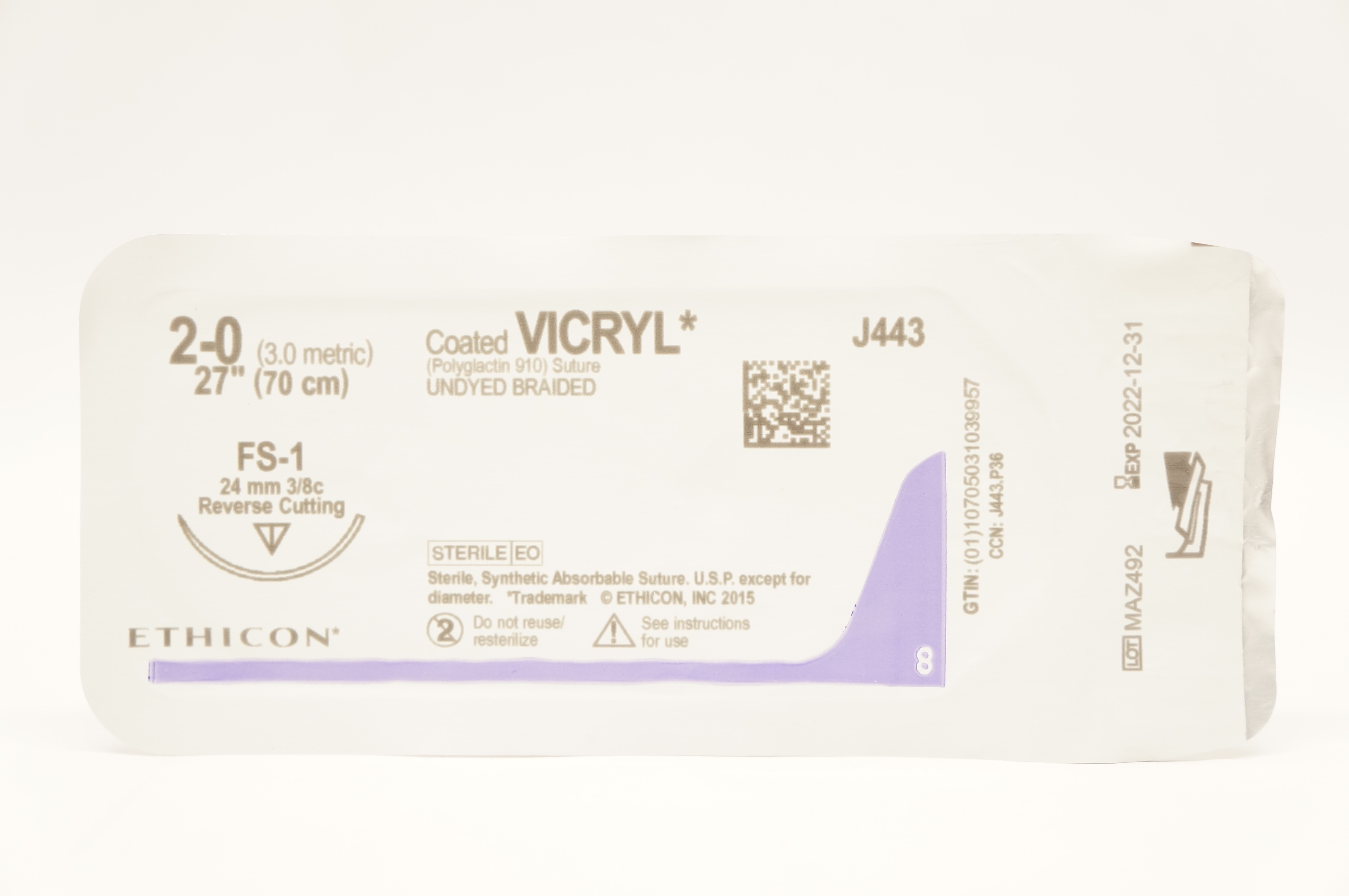 Ethicon VCP443 2-0 VICRYL Plus Stre, FS-1 24mm 3/8c Reverse Cutting 27inch