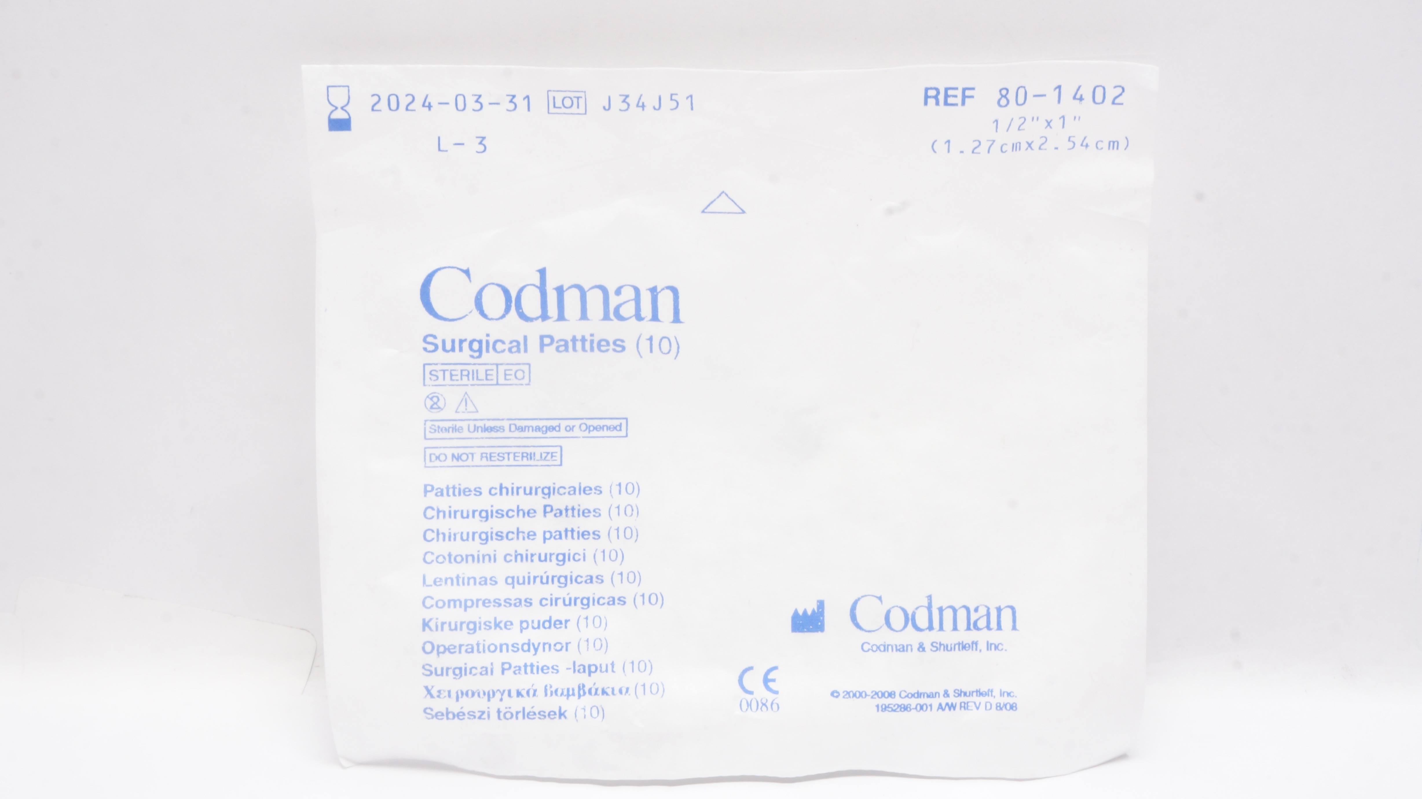Codman 80-1402 Surgical Patties 1/2inch x 1inch - Pack of 10