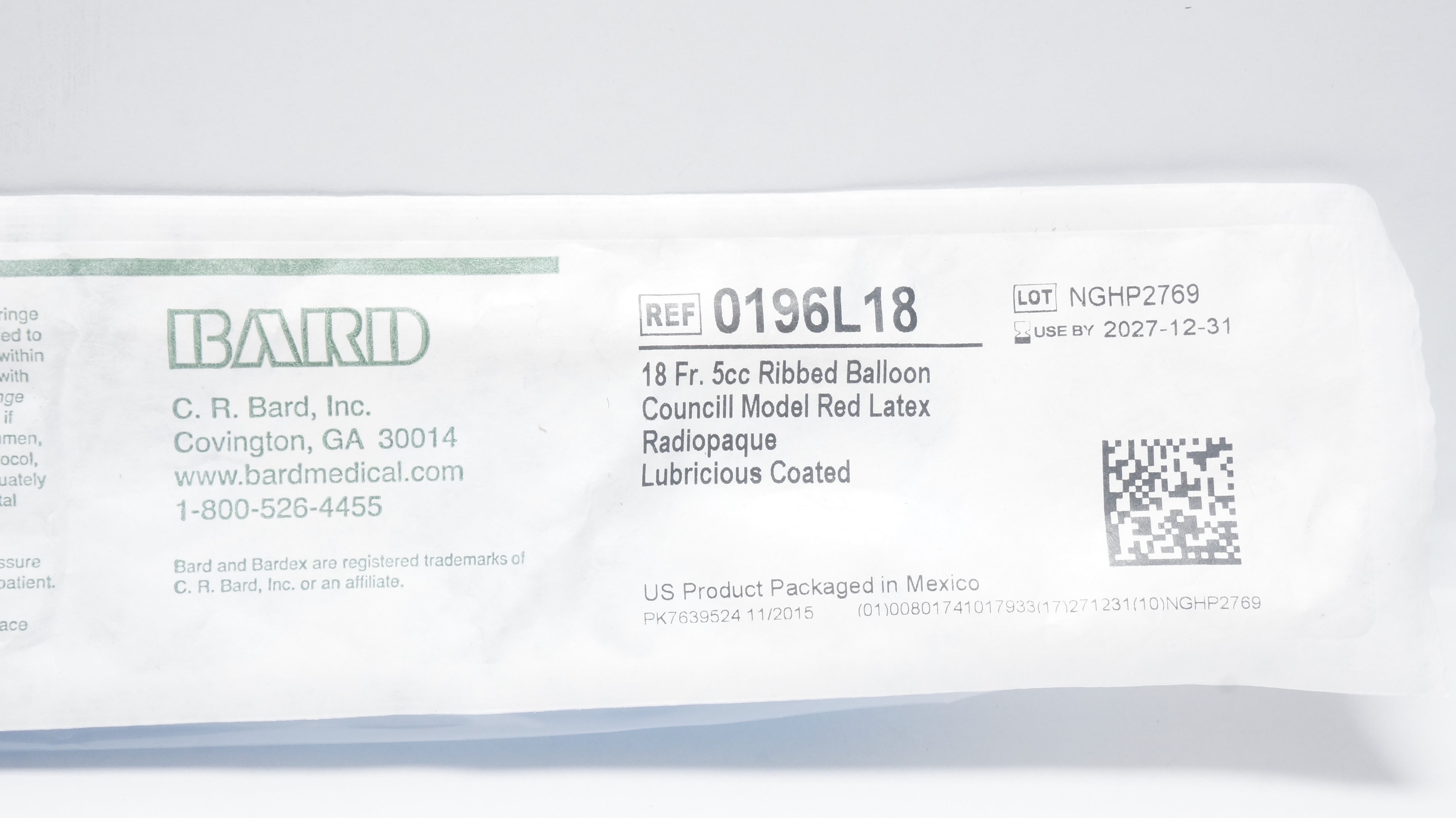 Bard 0196L18 Bardex Foley Cath. 18Fr 5cc Ribbed Balloon Councill Model