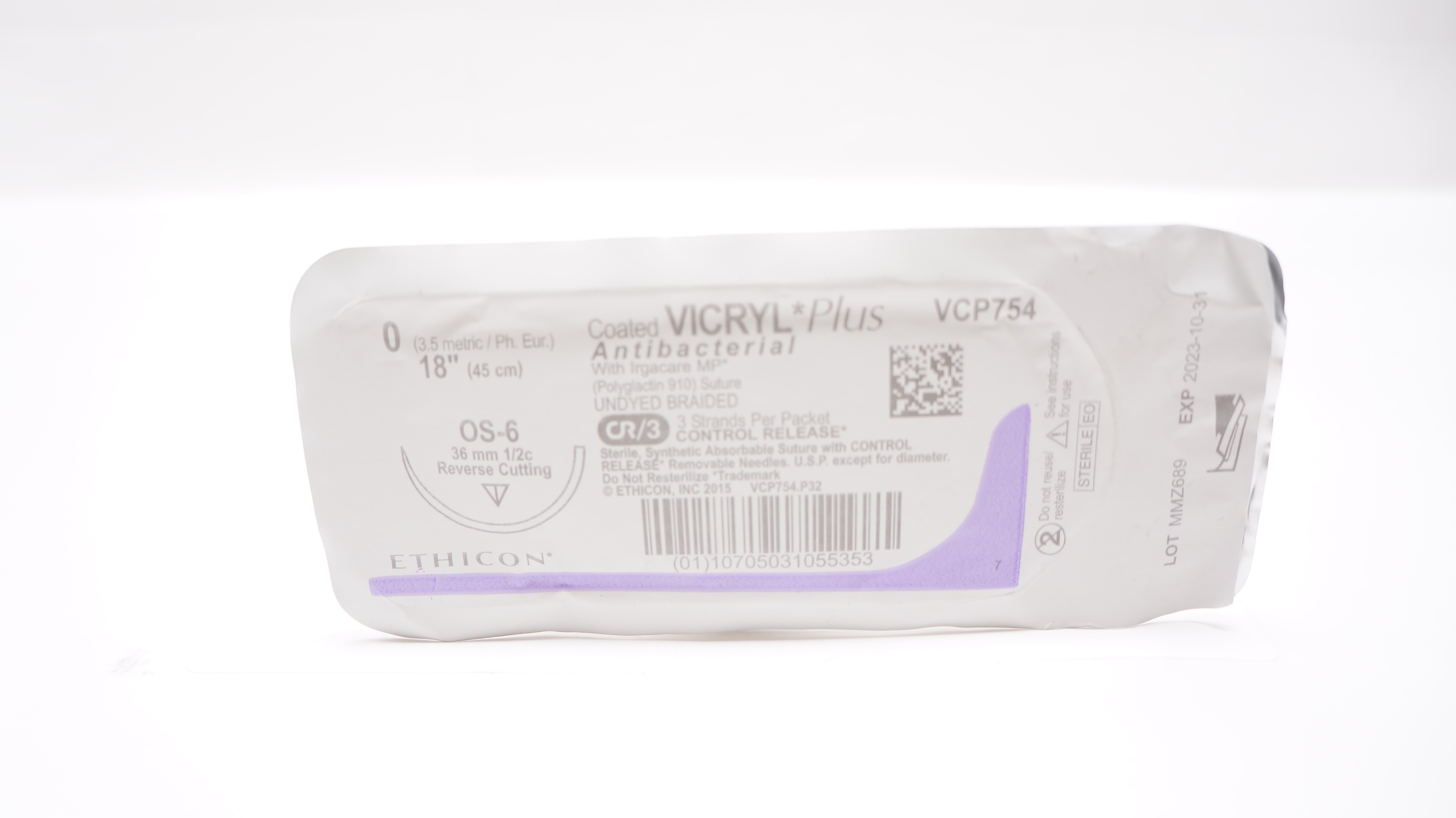 Ethicon VCP754 0 VICRYL Plus, OS-6, 36mm 1/2c Reverse Cutting, 18inch (x)