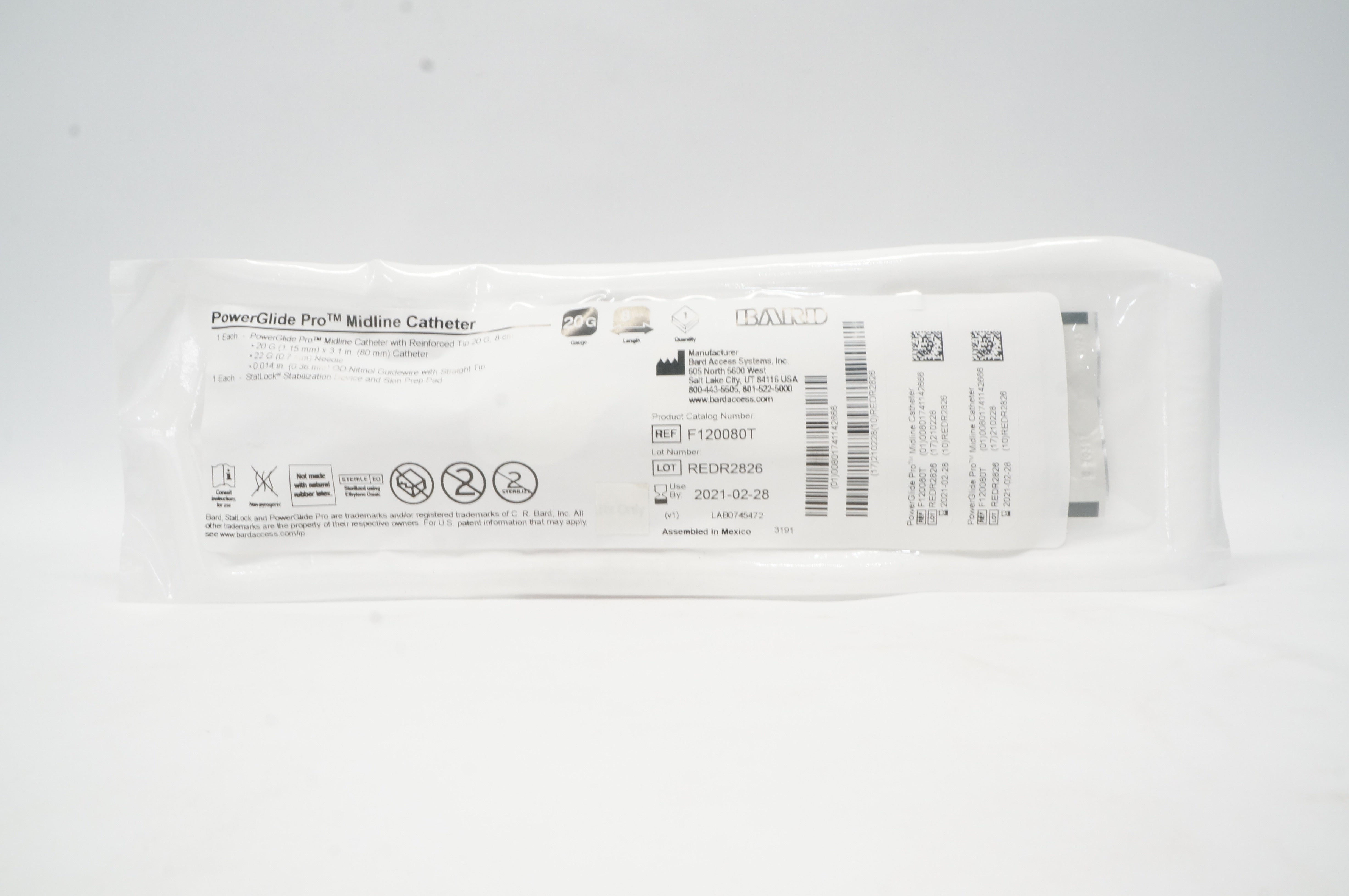 Bard F120080T PowerGlide Pro Midline Cath. W/Reinforced Tip 20G x 8cm (x)