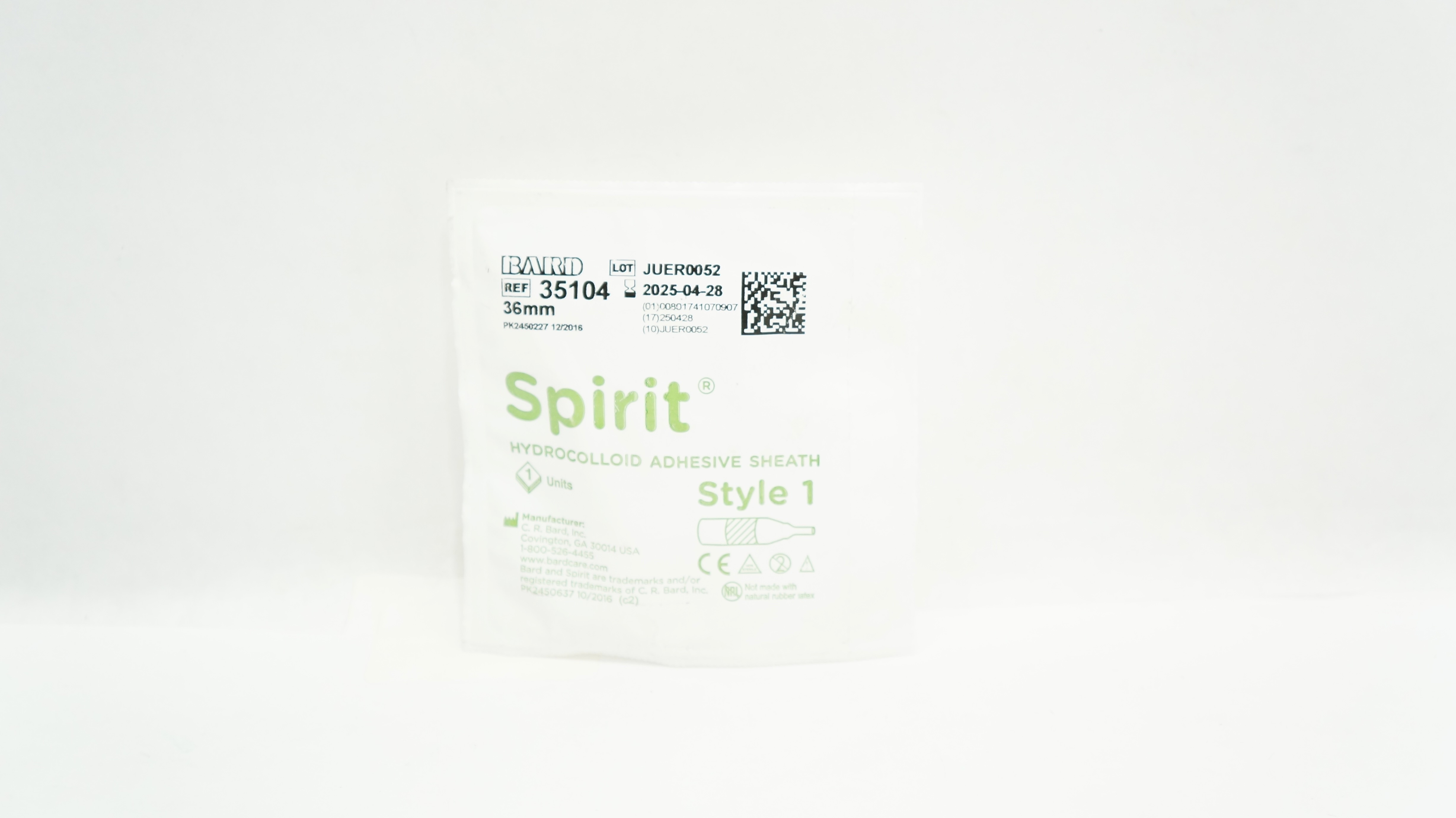 Bard 35104 Spirit Hydrocolloid Adhesive Sheath Style 1 36mm