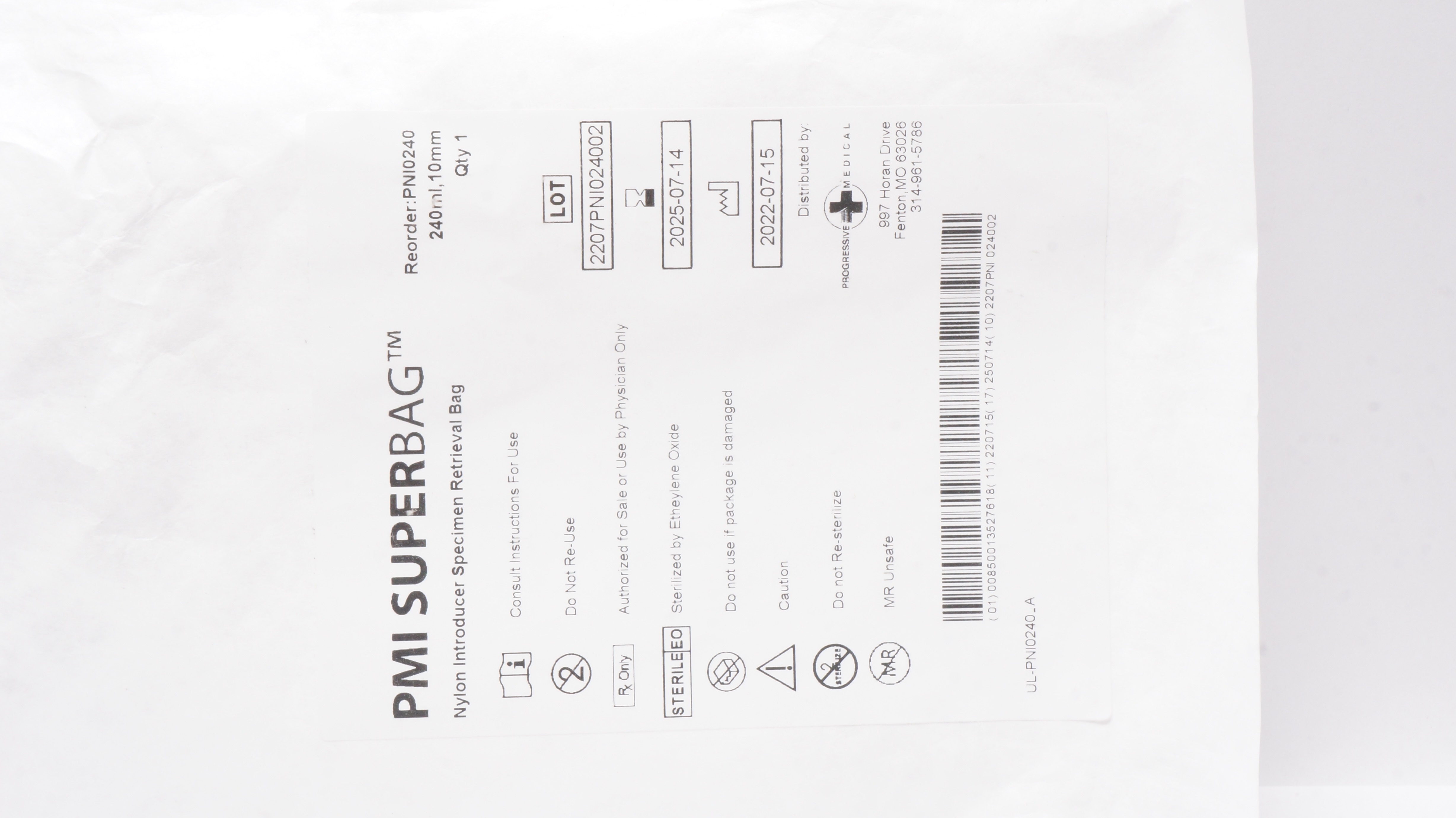 PMI PNI0240 SuperBag Nylon Introducer Specimen Retrieval Bag 240mL x 10mm