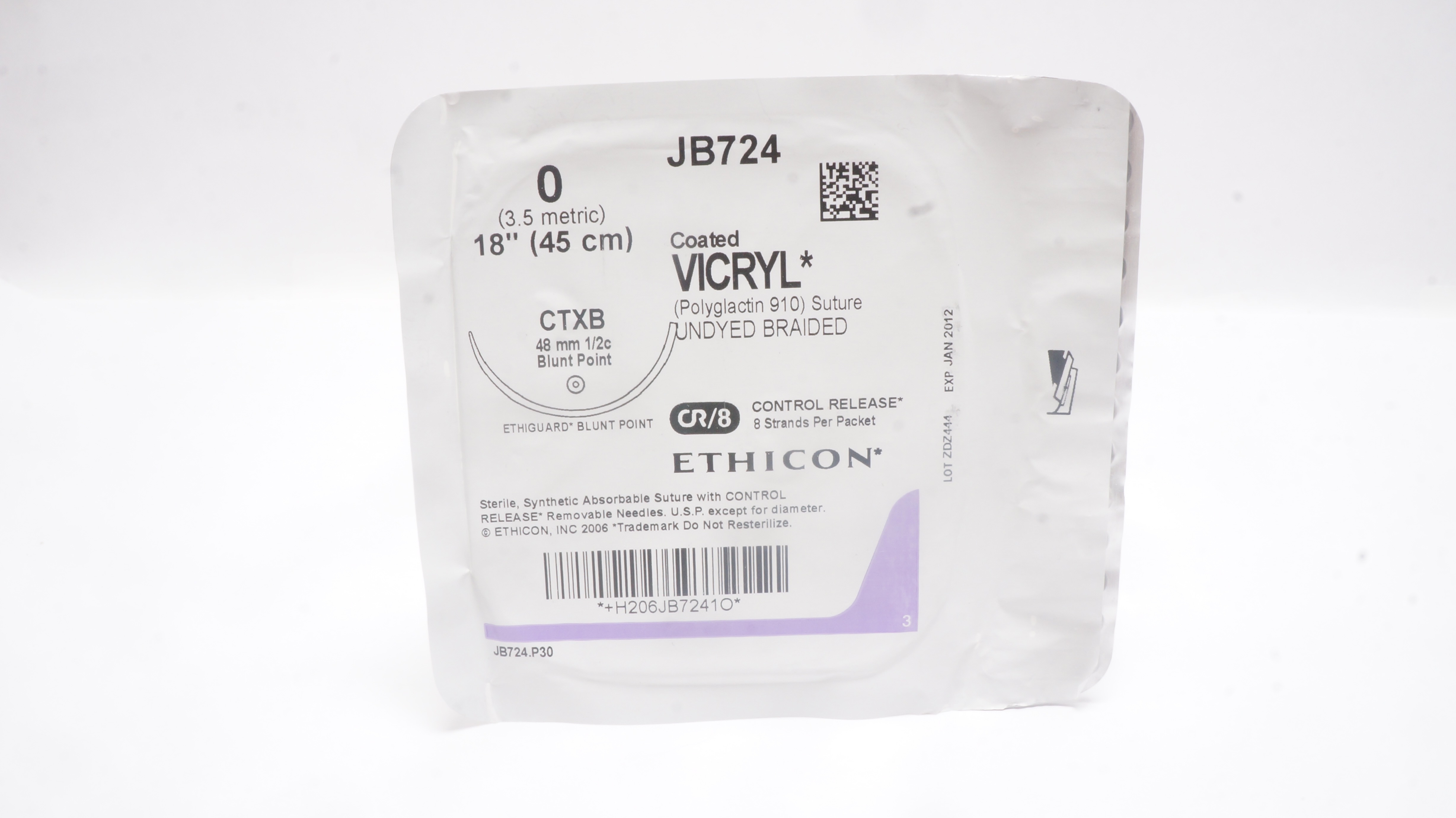 Ethicon JB724 0 Coated VICRYL, CTXB,  48mm 1/2c Blunt Point, 18inch (x)
