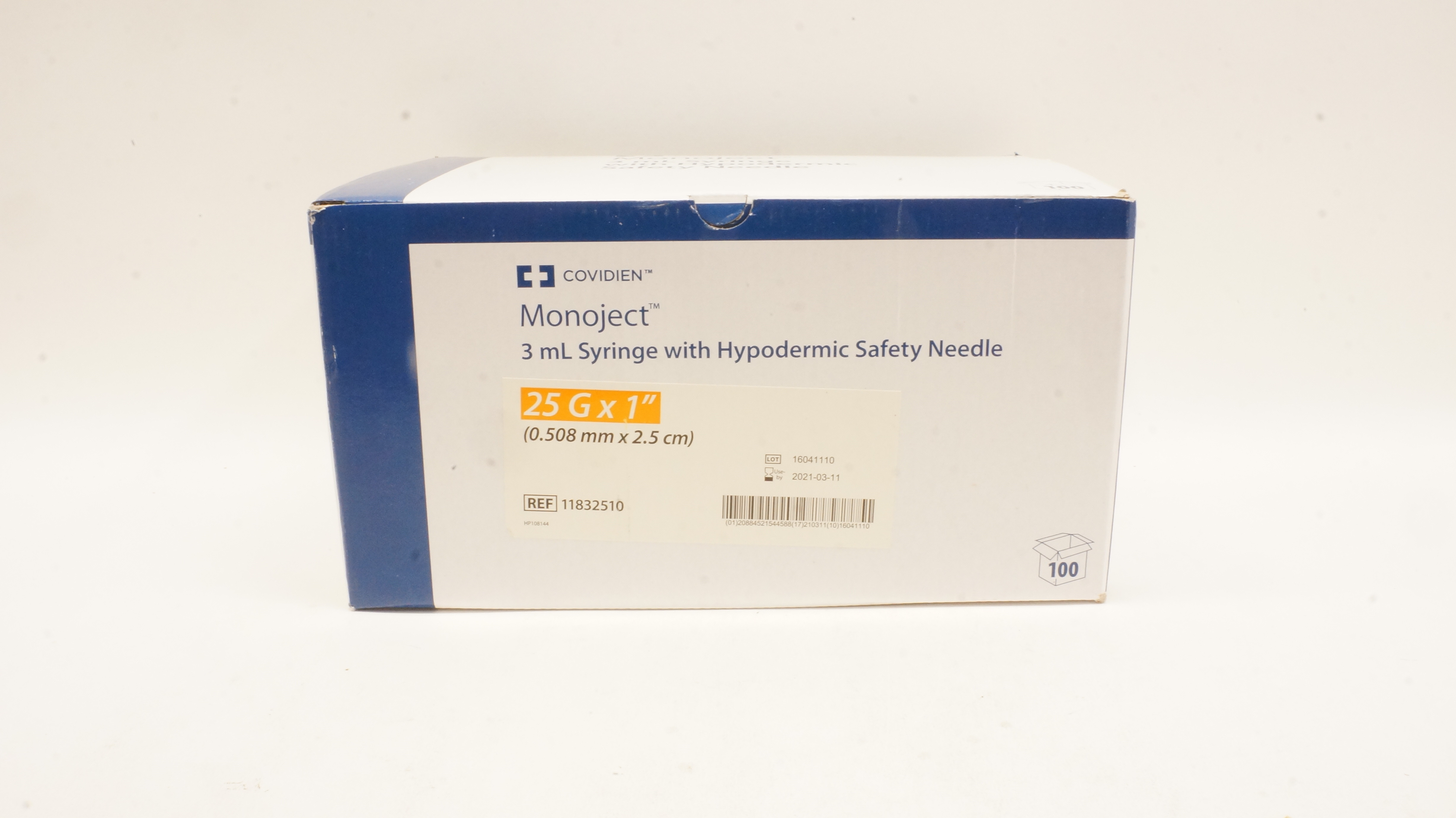 Covidien 11832510 3ml Syringe with Hypodermic Safety Ndle 25Gx1in-Box of 100 (x)