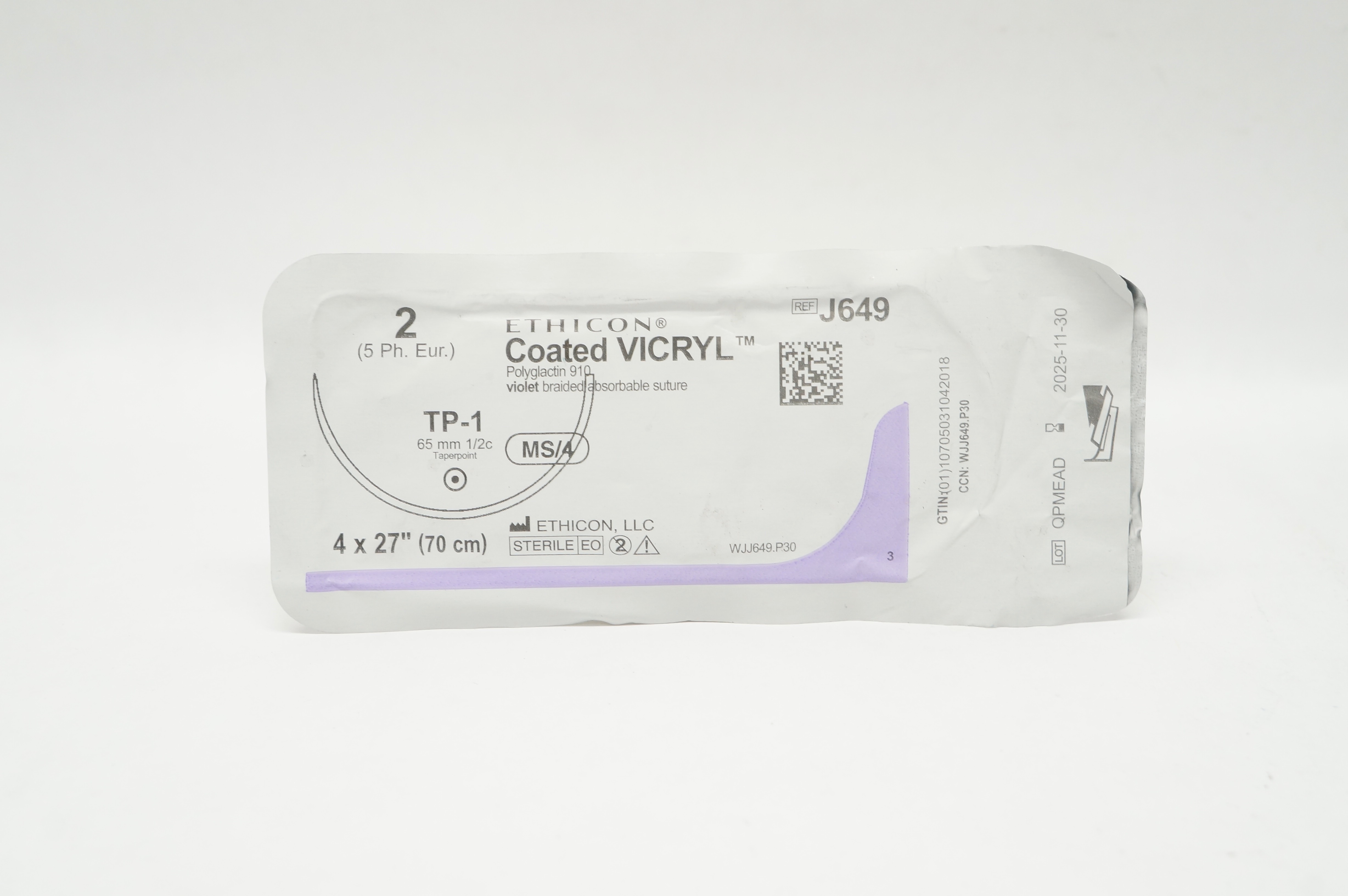 Ethicon J649 2 Coated VICRYL TP-1 65mm 1/2c Taper 4 x 27inch