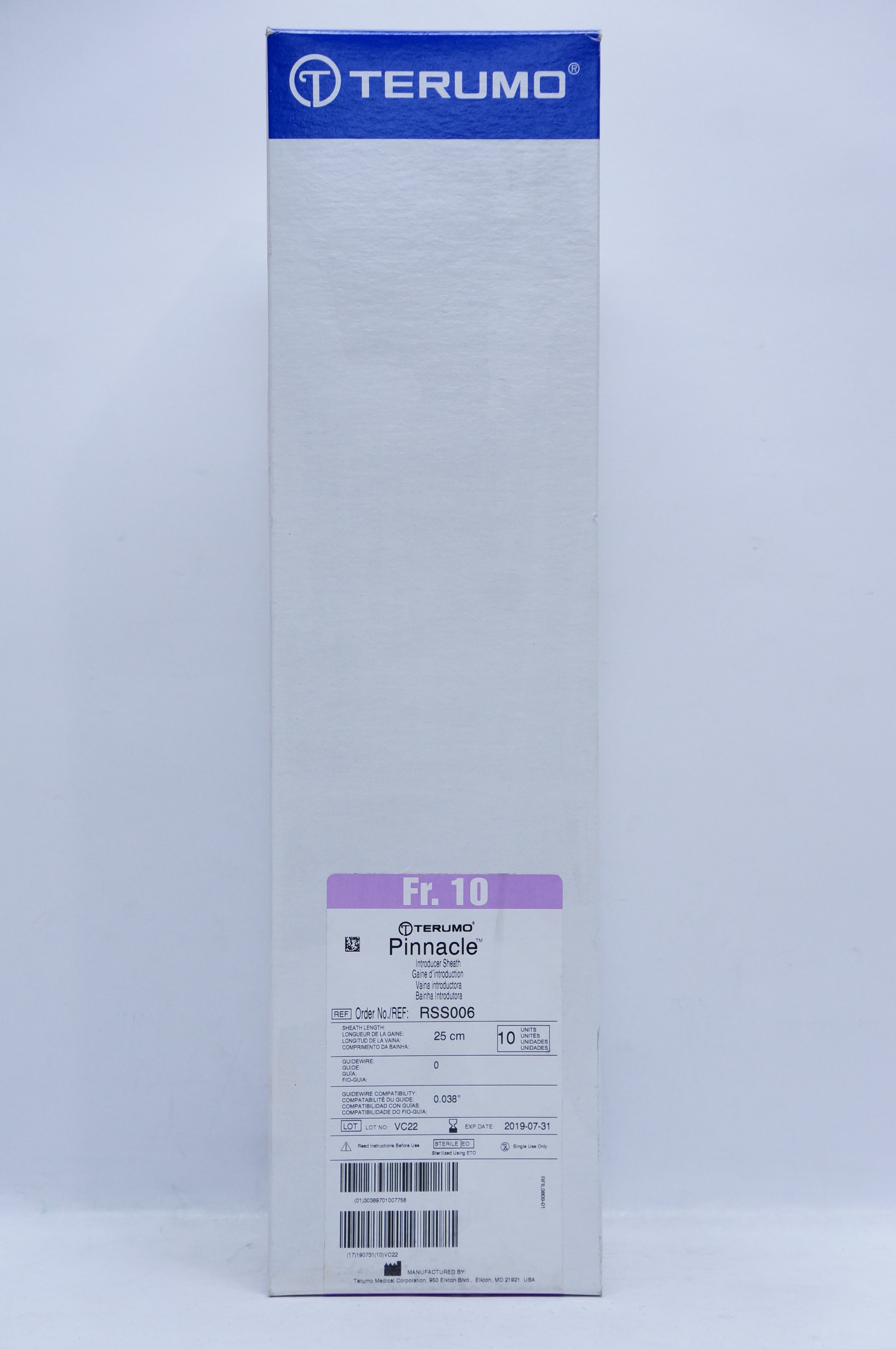 Terumo RSS006 Pinnacle Introducer Sheath, 10Fr., 0.038inch x 25cm (x) - Box of 10