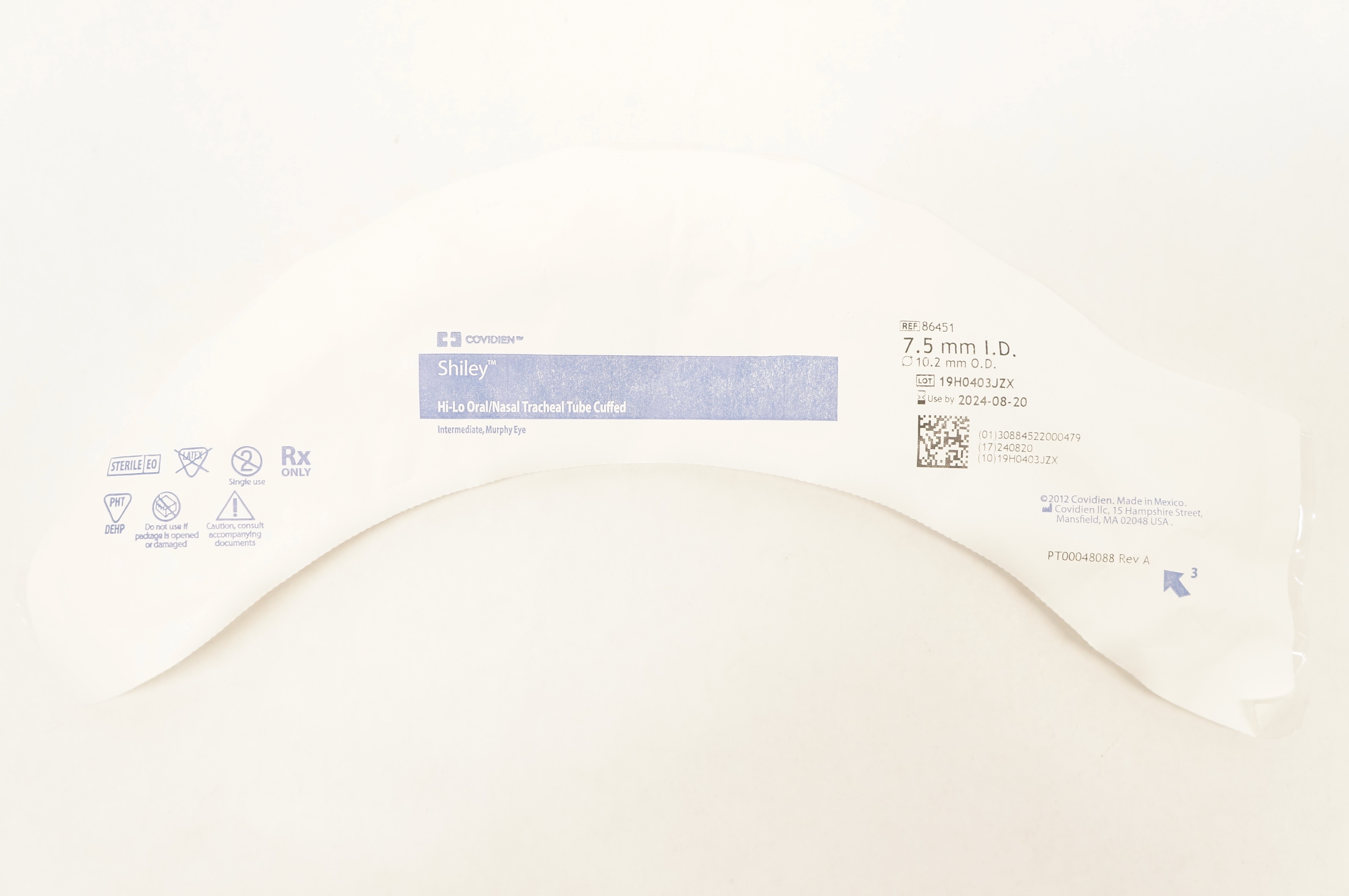 Covidien 86451 Shiley Hi-Lo Oral/Nasal Tracheal Tube Cuffed 7.5mm x 10.2mm