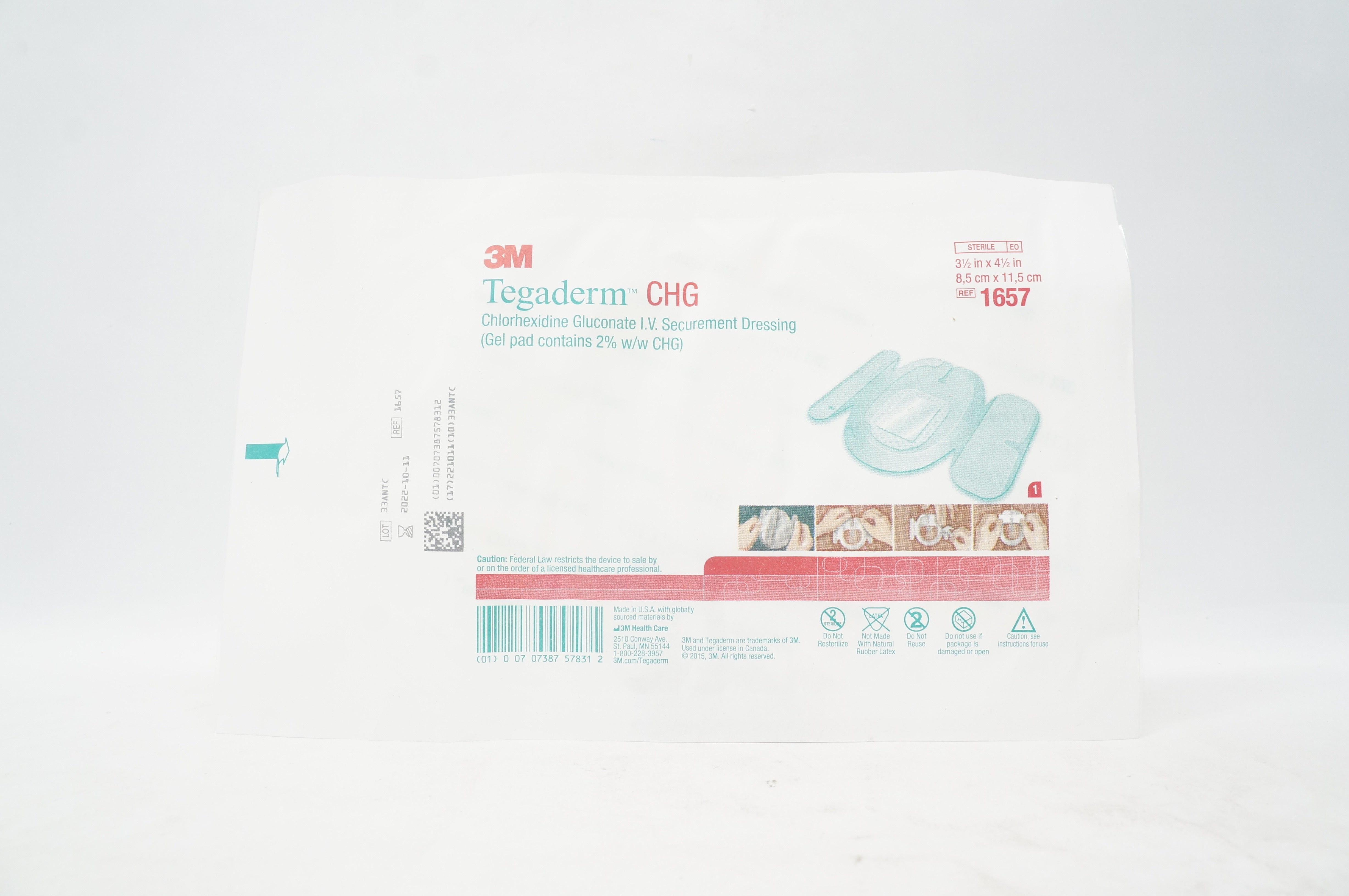 3M 1657 CHG Chlorhexidine Gluconate I.V. Securement Dressing 3-1/2 x 4-1/2inch