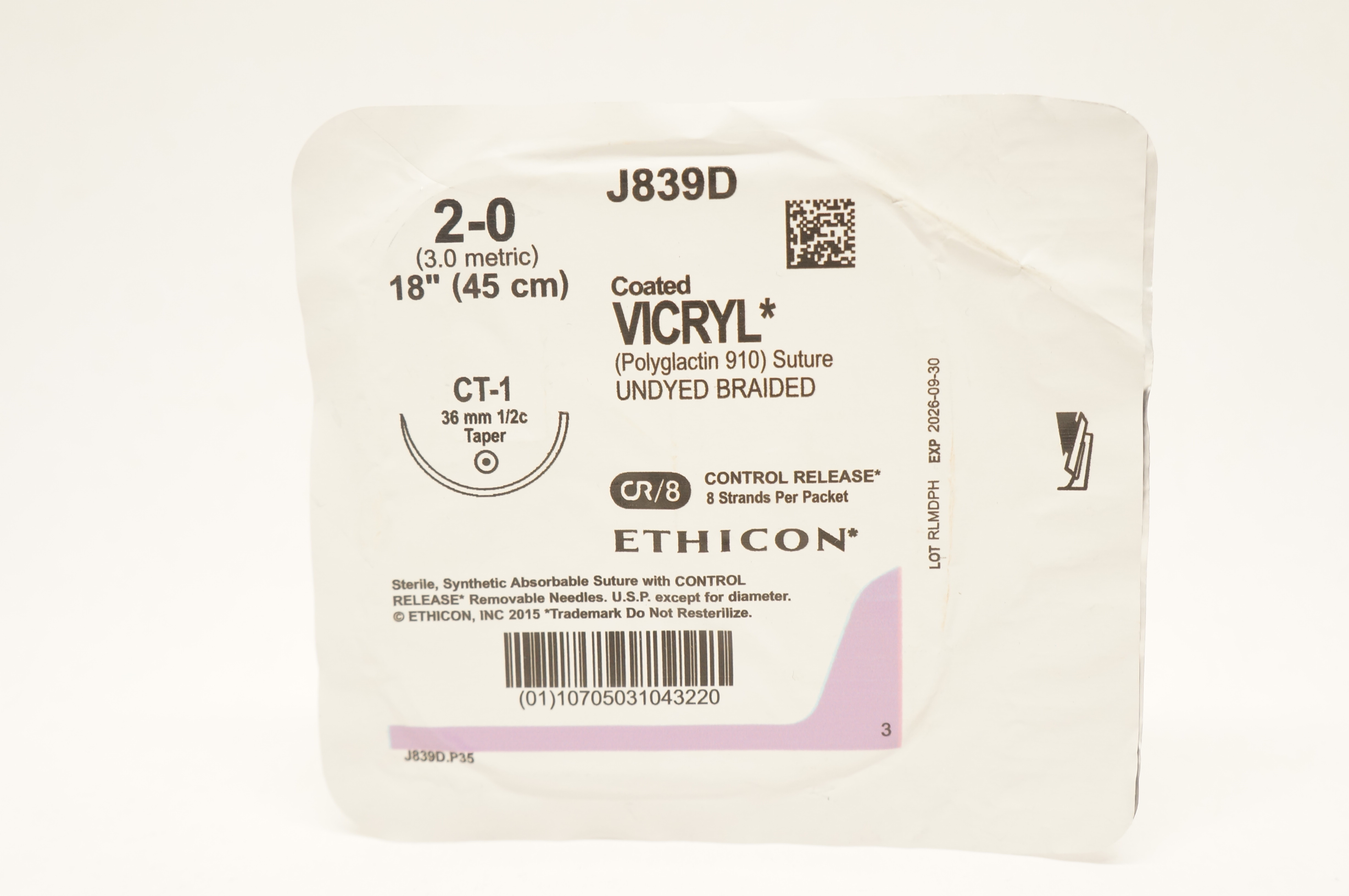 Ethicon J839D 2-0 Coated VICRYL Stre CT-1 36mm 1/2c Taper, 18 inch