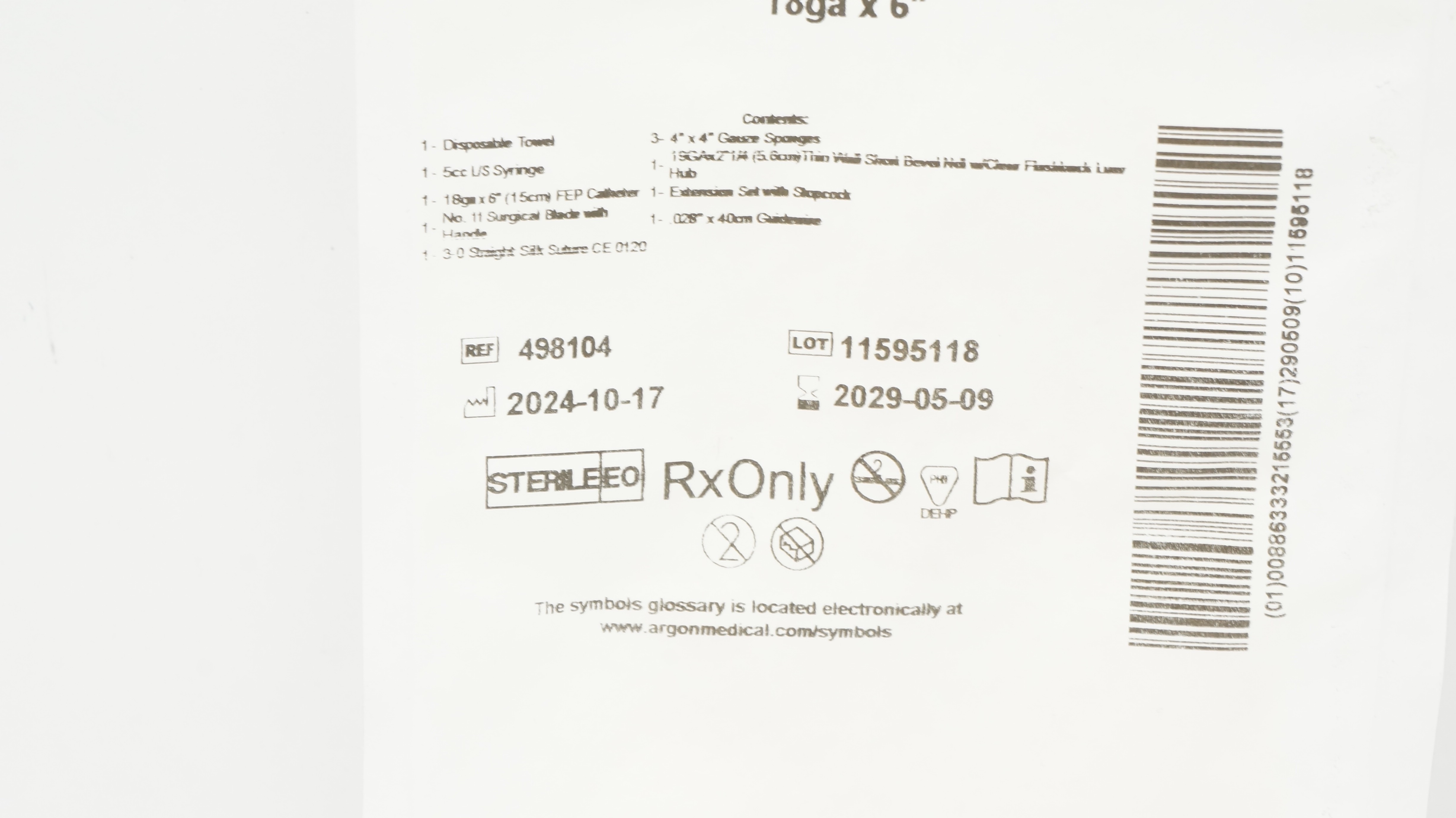 Argon Medical 498104 Arterial Line Kit/1 18GA x 6inch