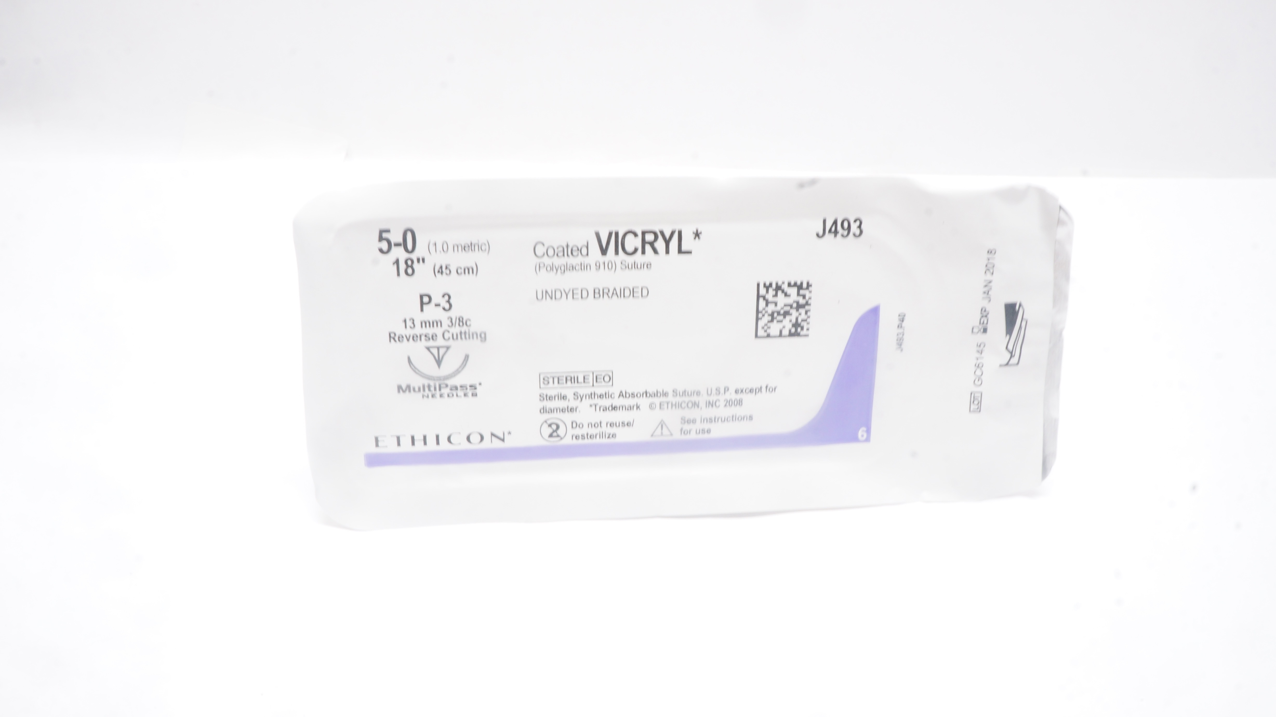 Ethicon J493 5-0 Coated VICRYL Stre P-3 13mm 3/8c Reverse Cutting, 18inch (x)