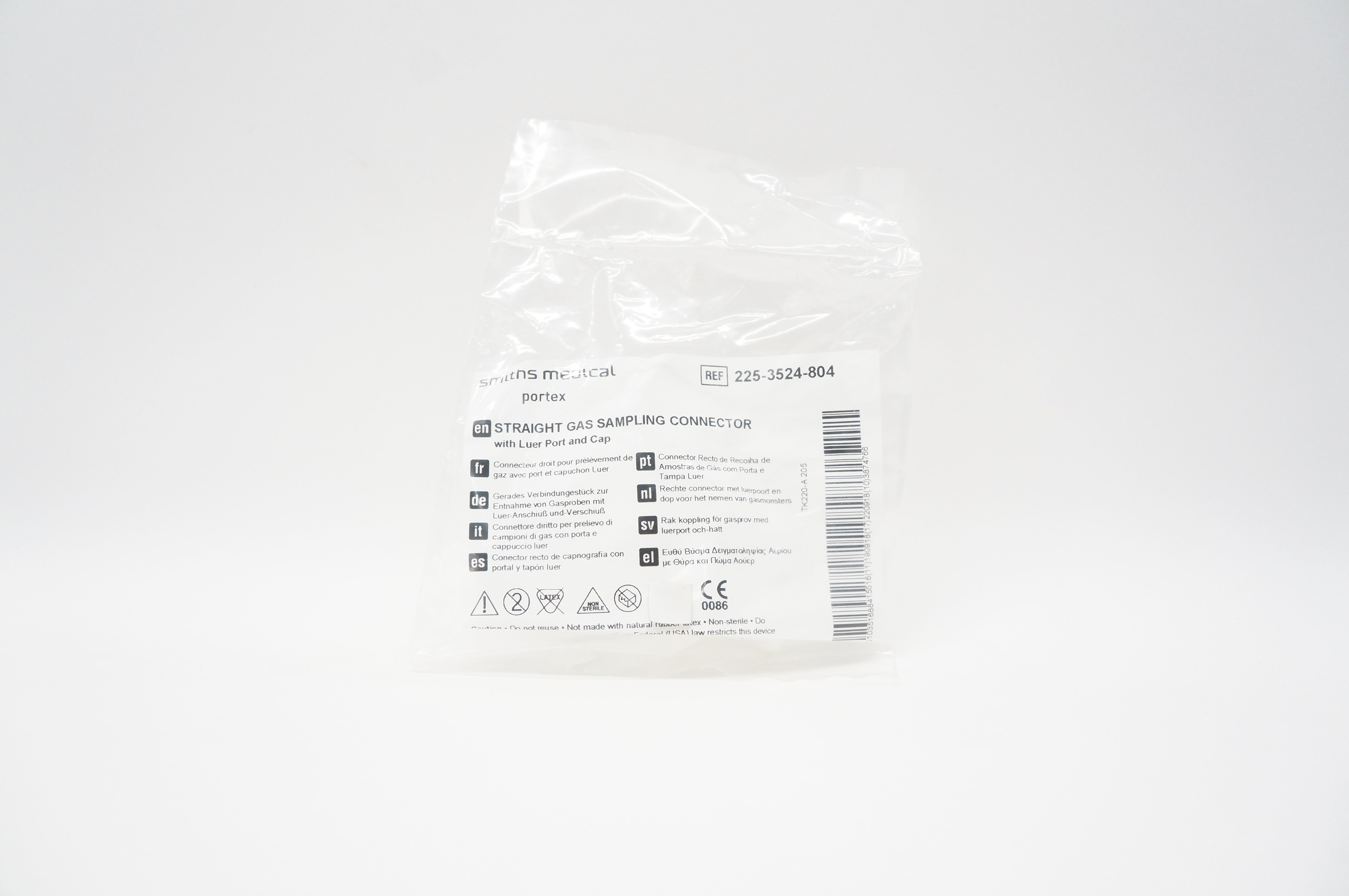 Smiths Medical 225-3524-804 Straight Gas Sampling Connector with Luer Port & Cap