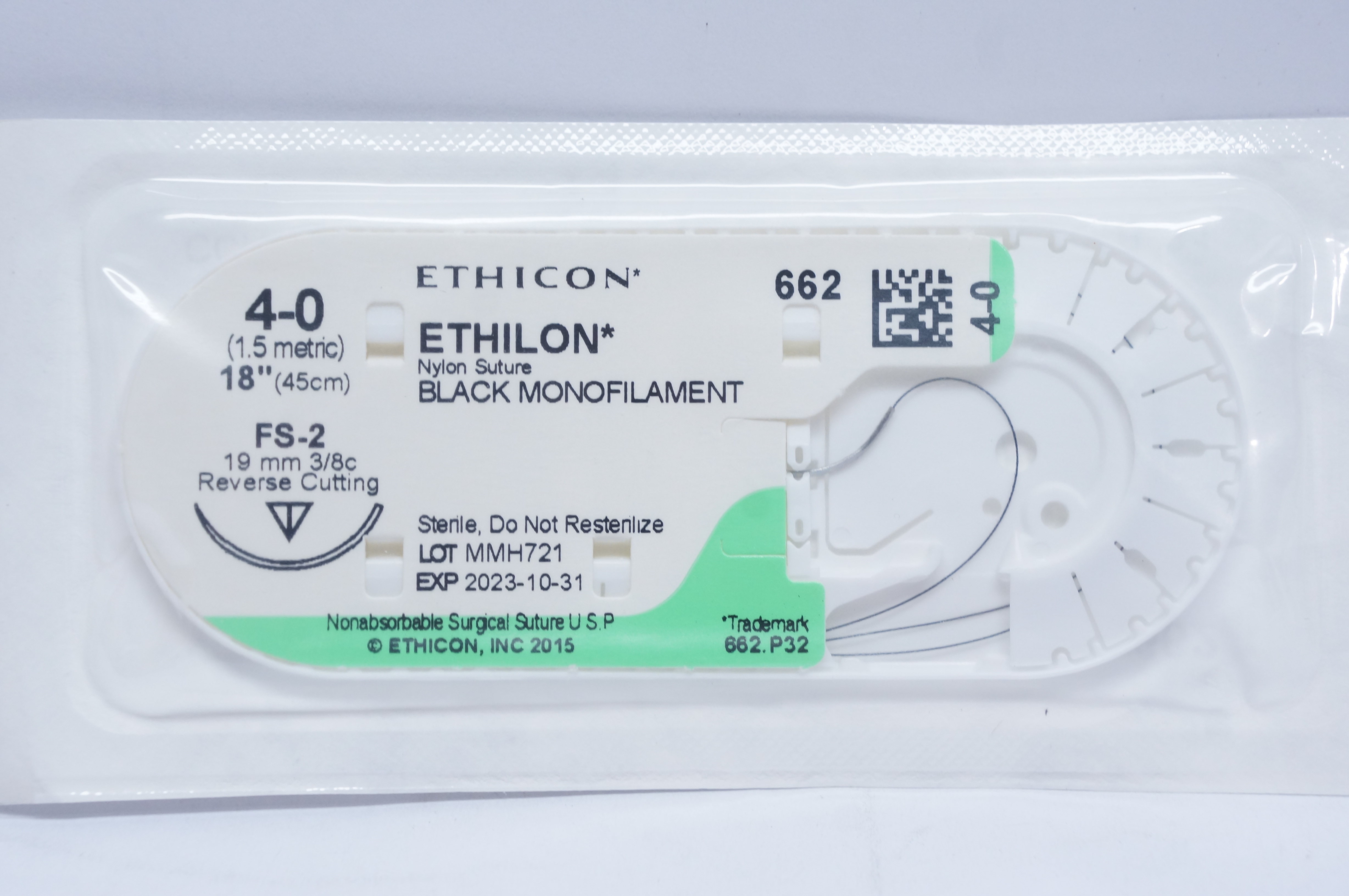 Ethicon 662 4-0 ETHILON, FS-2, 19mm 3/8c Reverse Cutting, 18inch