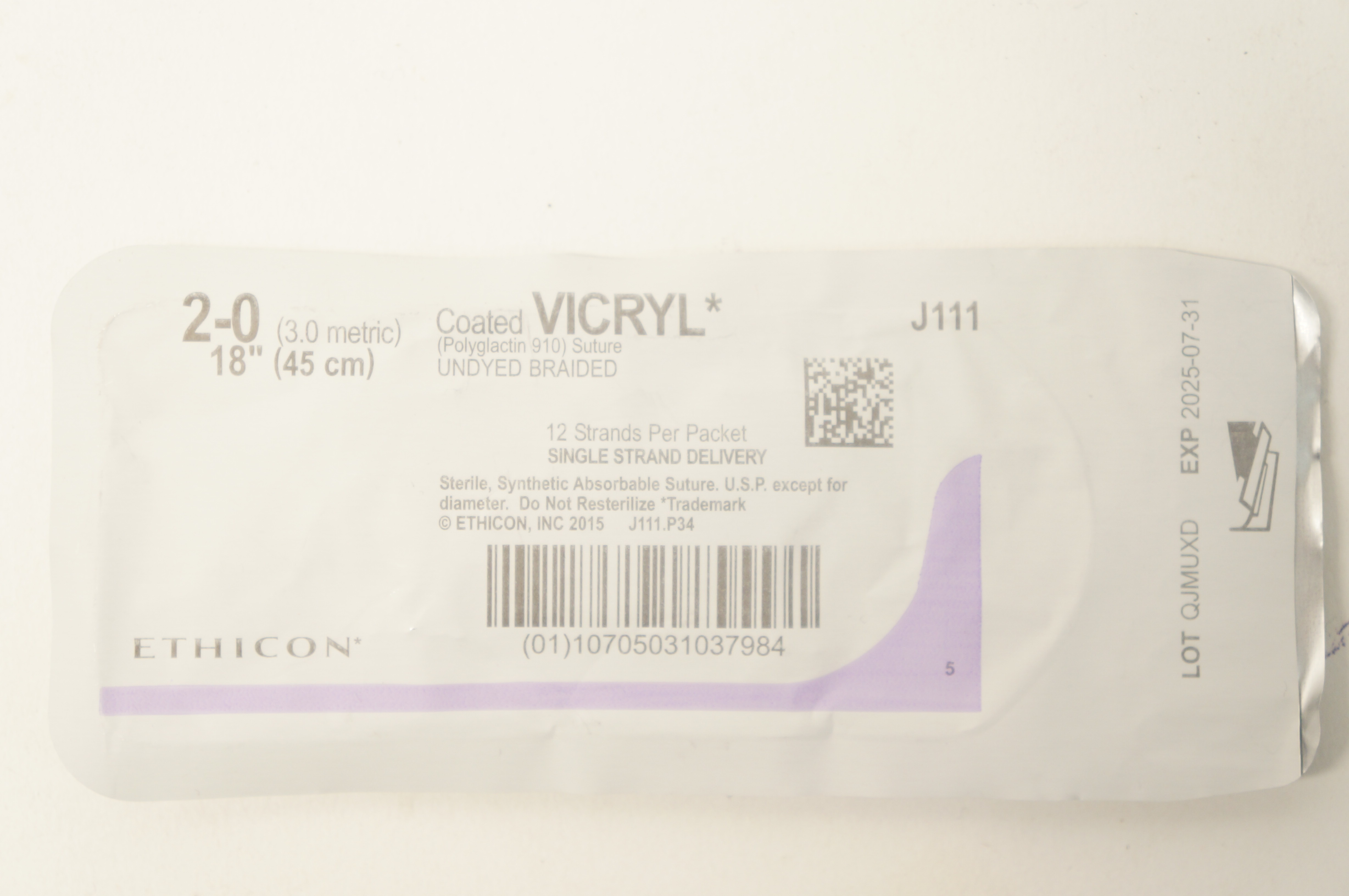 Ethicon J111 2-0 Coated VICRYL (Polyglactin 910) Stre 12 Strands 18 inch