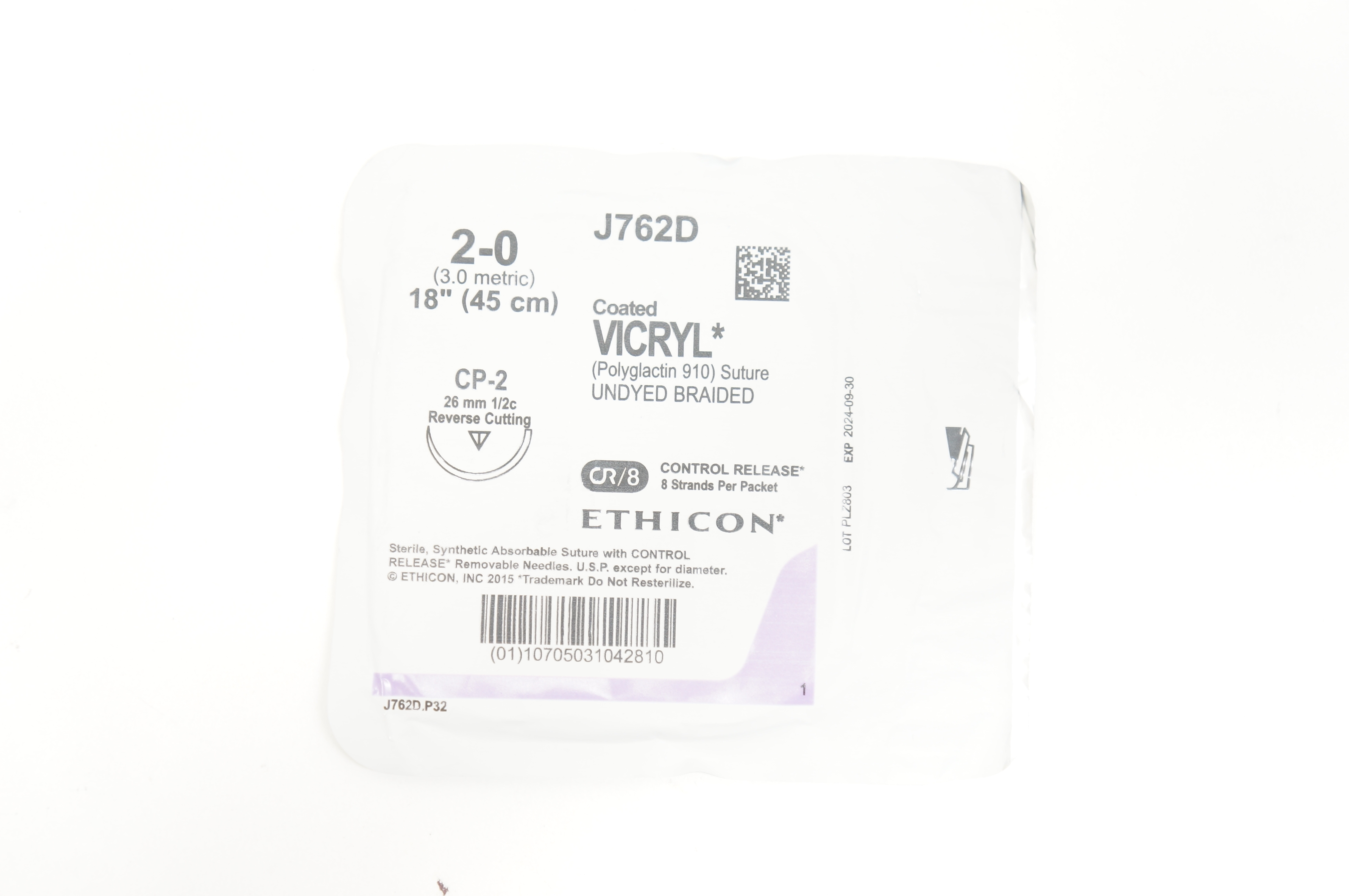 Ethicon J762D 2-0 VICRYL, CP-2, 26mm 1/2c Reverse Cutting, 18inch