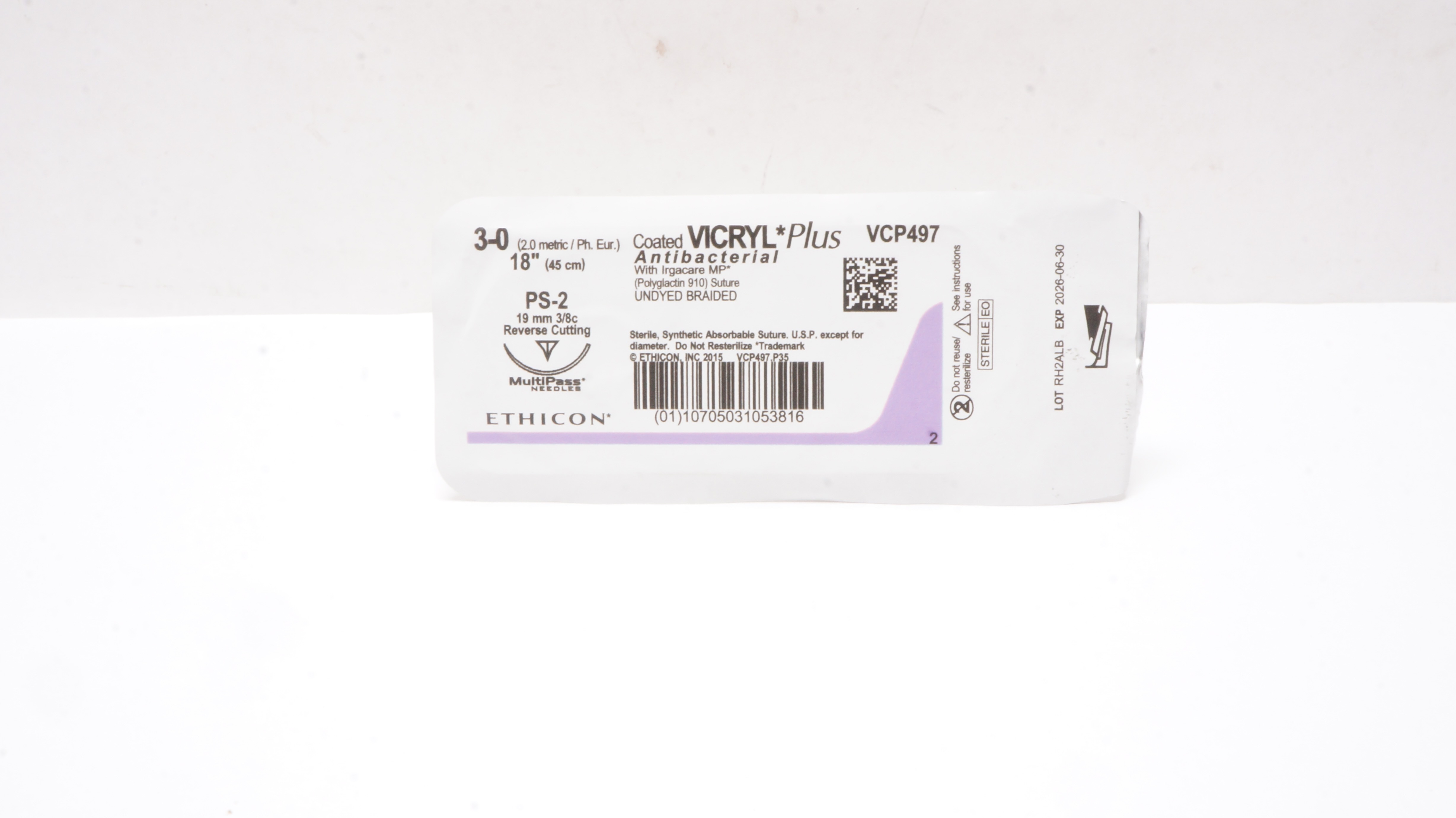 Ethicon VCP497 3-0 Coated VICRYL Plus Stre PS-2 19mm 3/8c Reverse Cutting 18inch