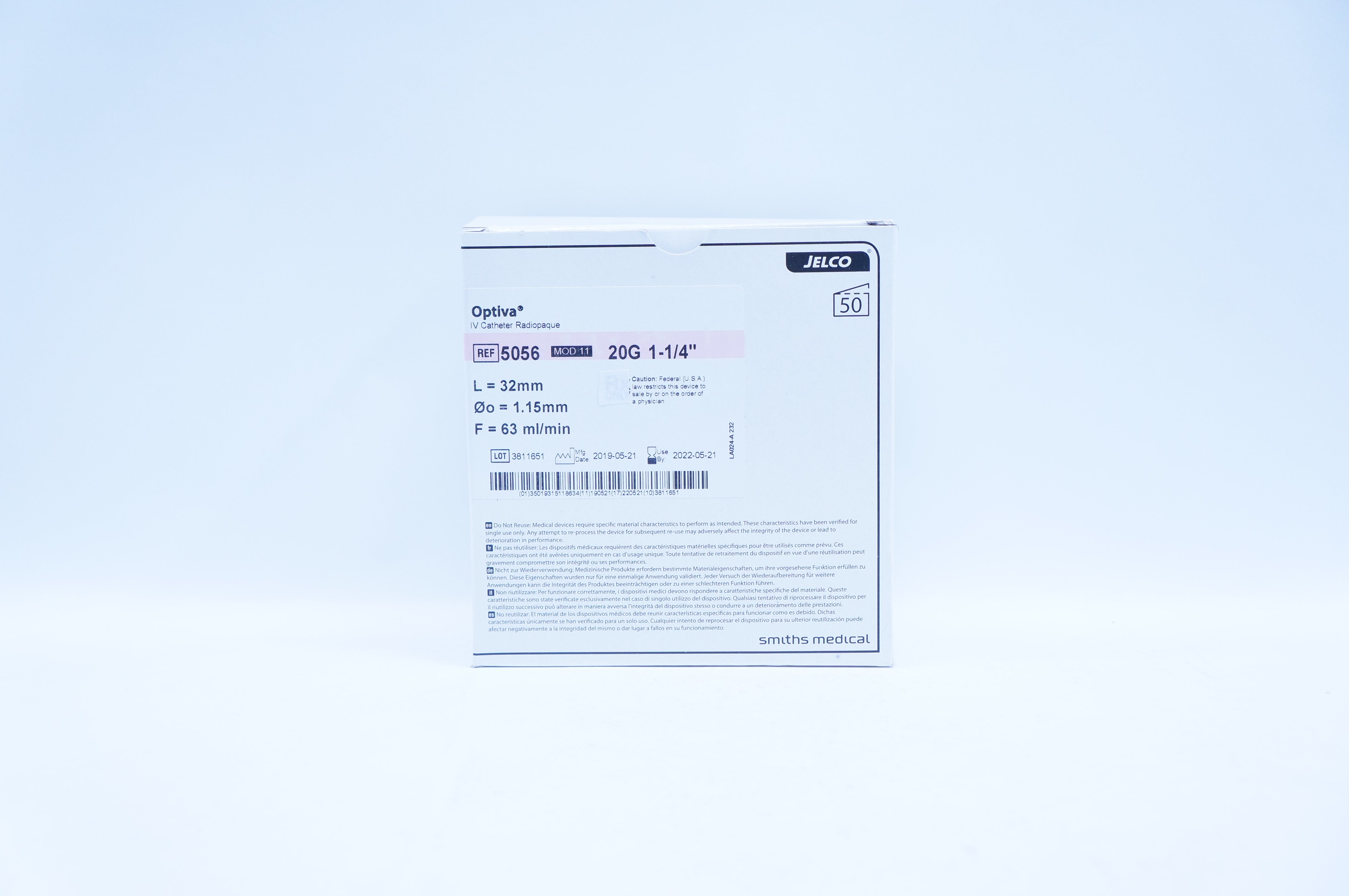 Smiths Medical 5056 JELCO Optiva IV Cath. Radiopaque 20G x 1-1/4inch - Box of 50