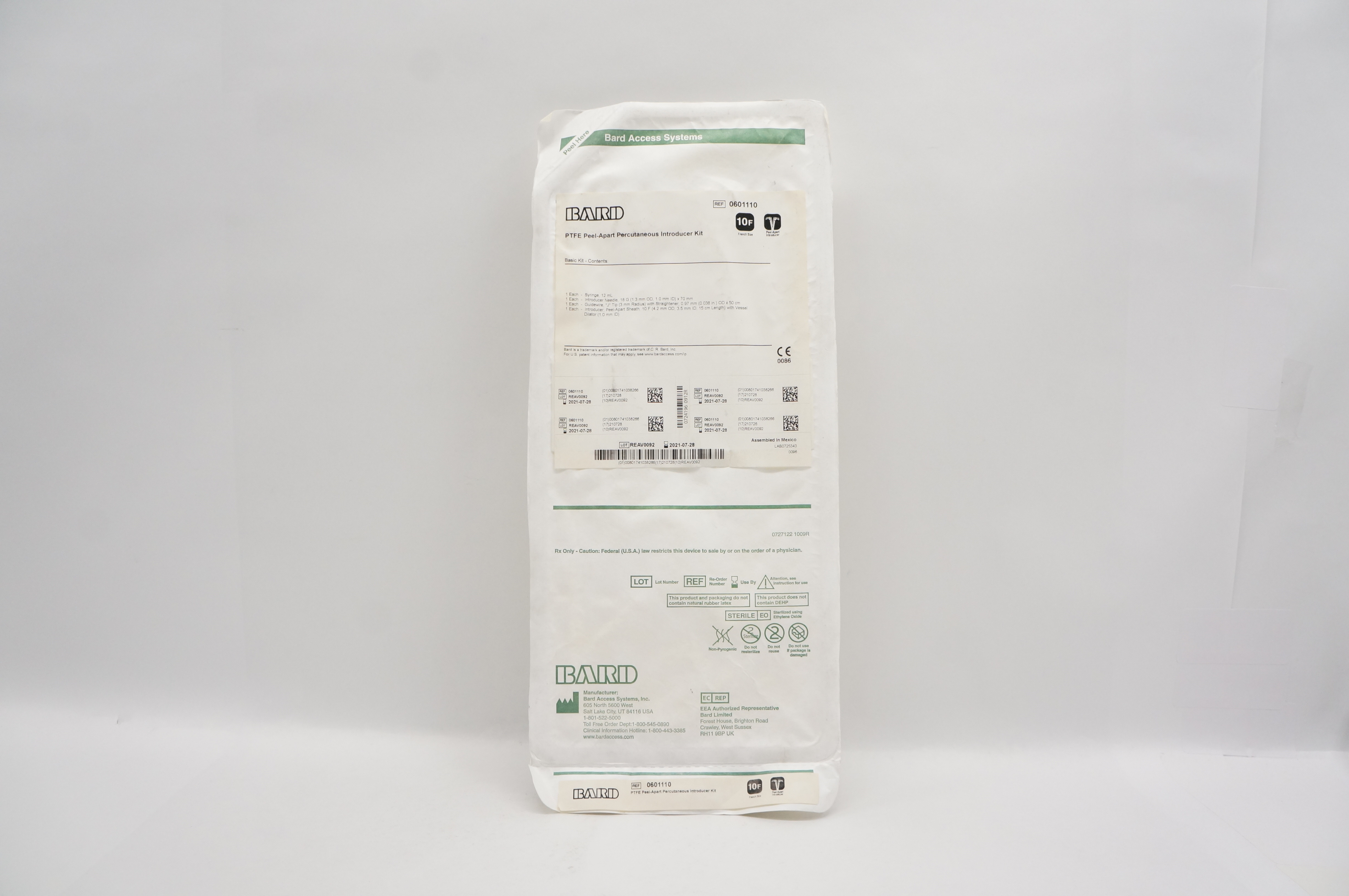 Bard 0601110 PTFE Peel-Apart Percutaneous Introducer Kit 10 Fr (x)