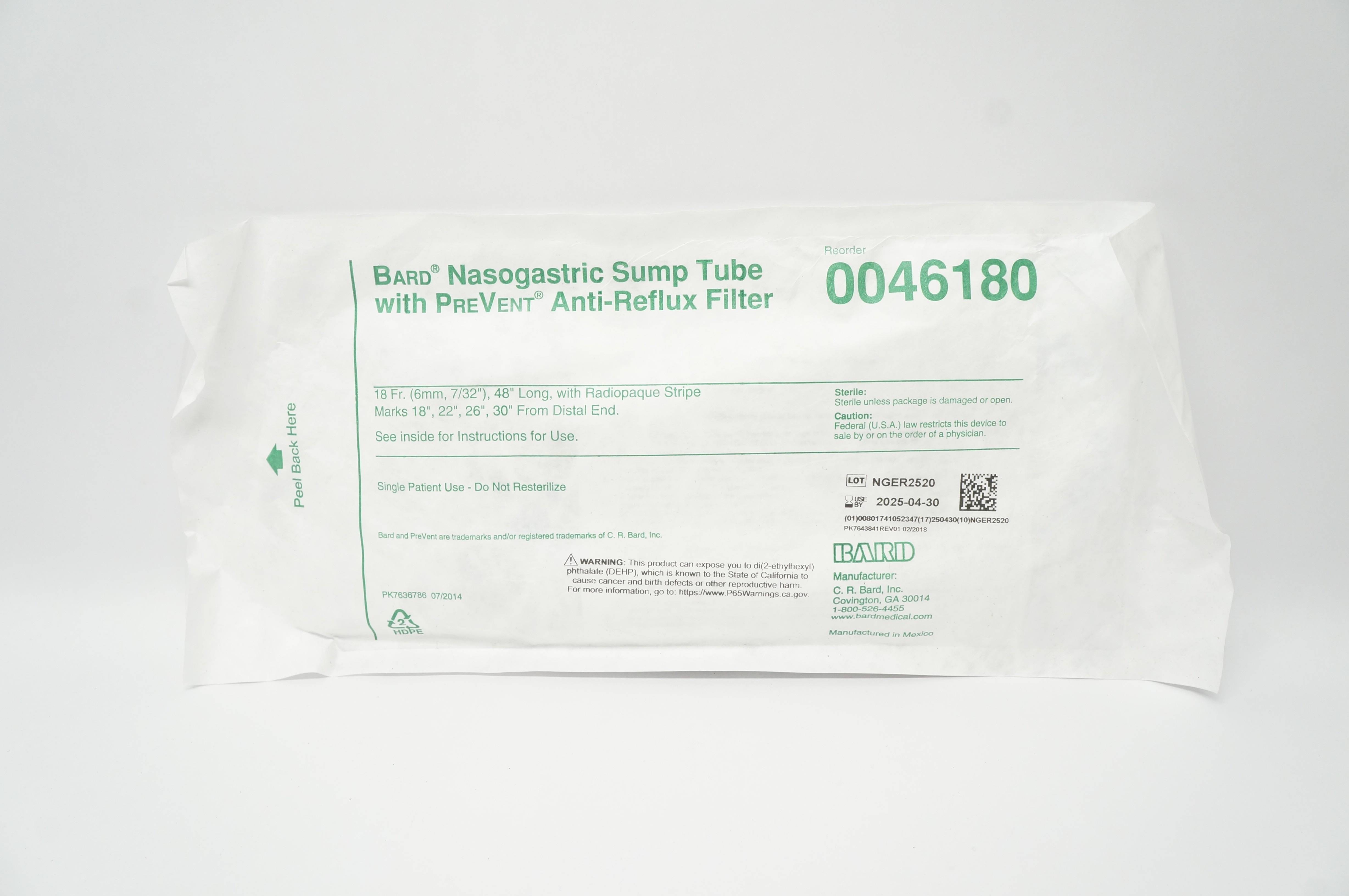 Bard 0046180 Nasogastric Sump Tube With PreVent Anti-Reflux Filter 18Fr